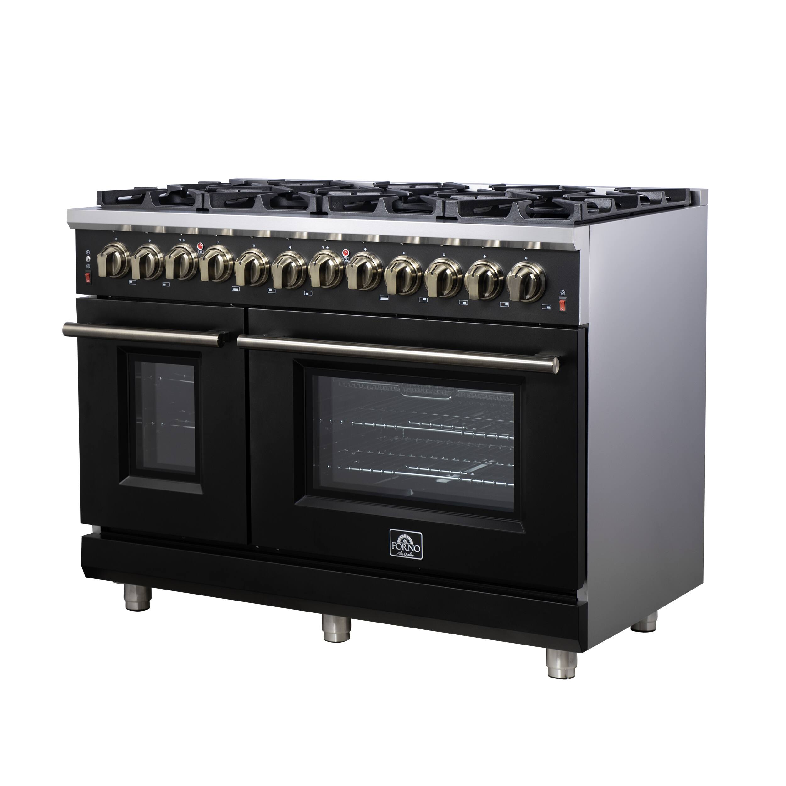Angle. Forno Appliances - Massimo 6.58 Cu. Ft. Freestanding Double Oven Dual Fuel True Convection Range with Air Fryer Basket - Black.
