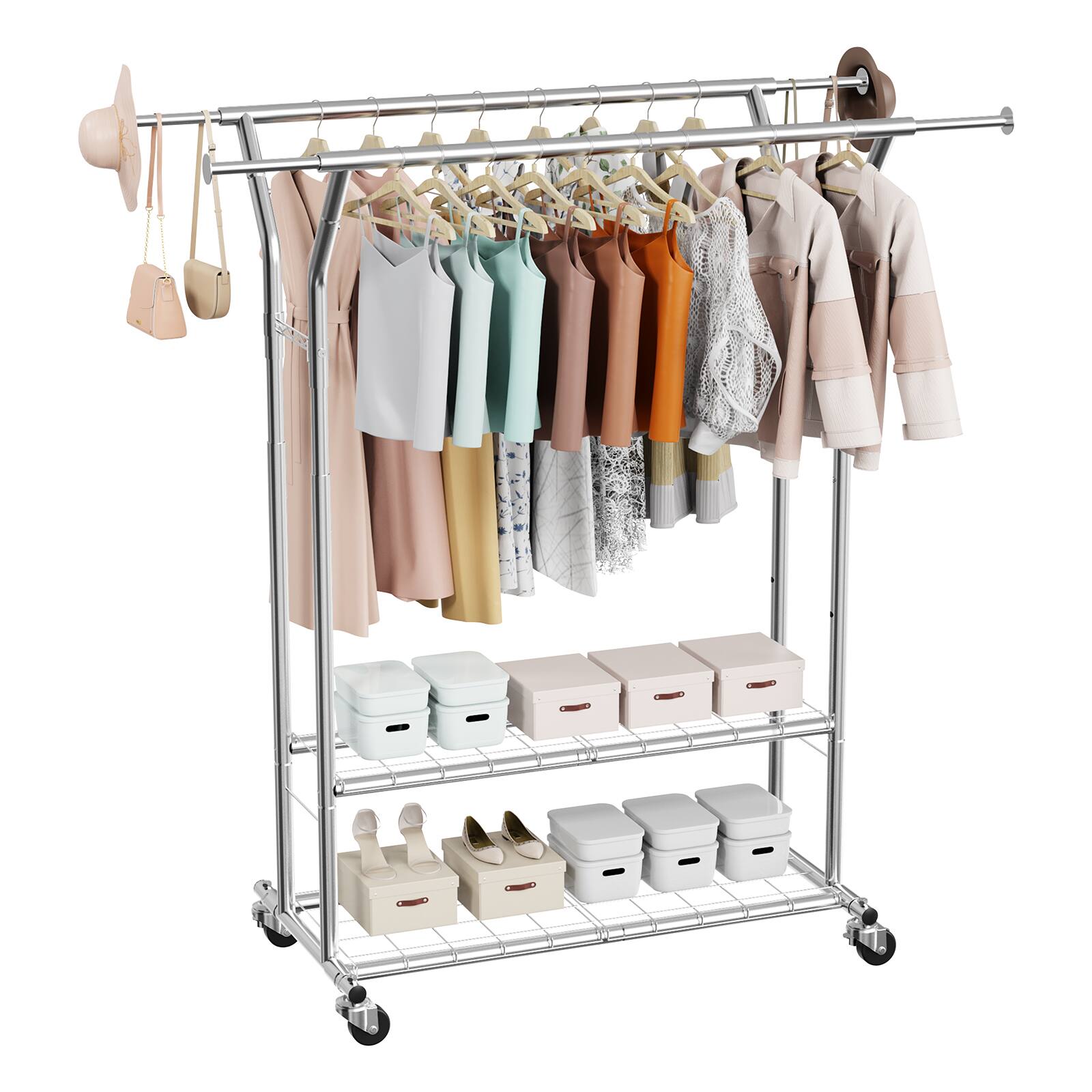 Front. VEVOR - Clothes Rack, Rolling Clothing Garment Rack with 2 Hanging Rods and 2 Storage Shelves, 264 lbs Load Capacity - Silver.
