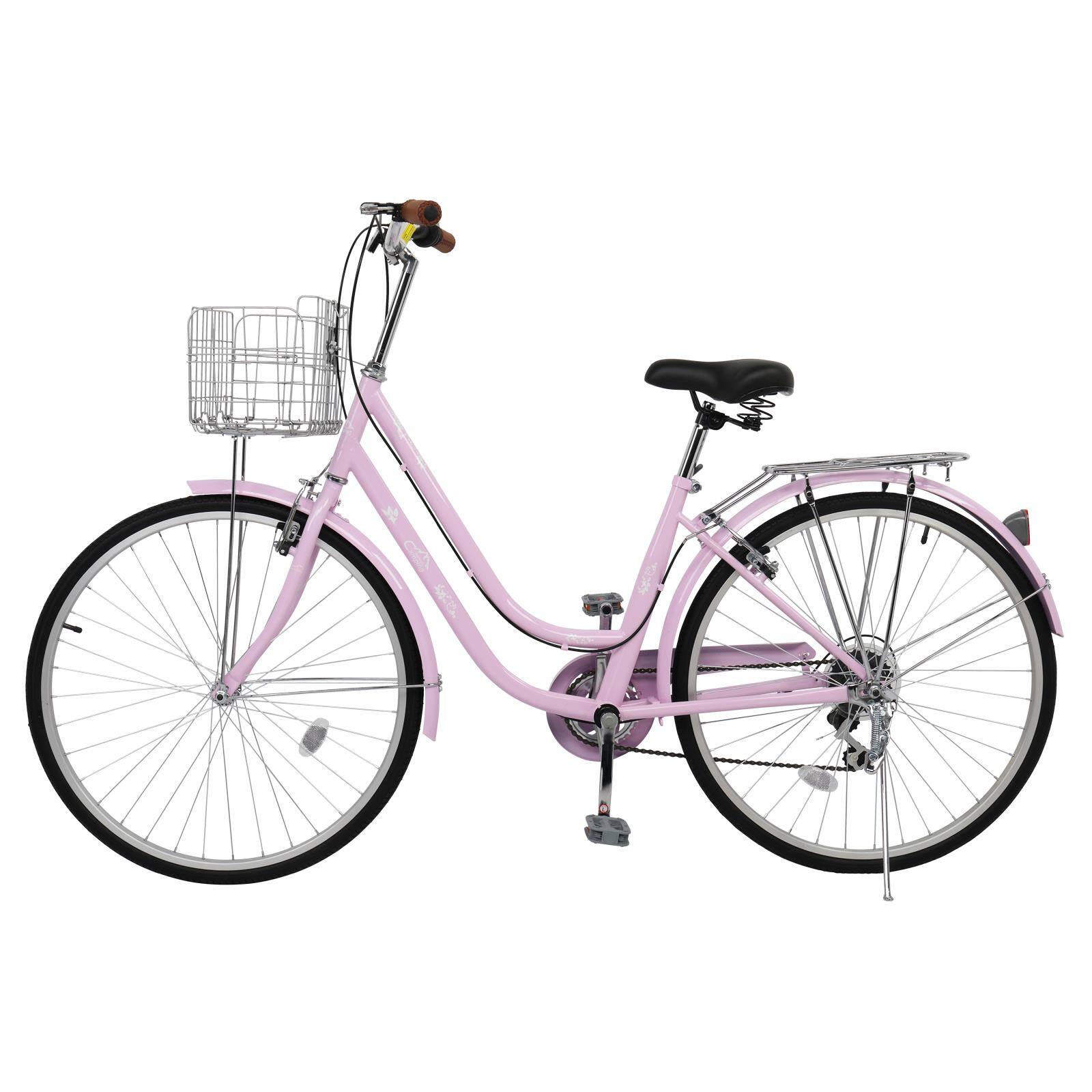Front. Winado - 26'' Adults Commuter City Bike 7 Speed Cruiser Bicycle with Basket - PINK.
