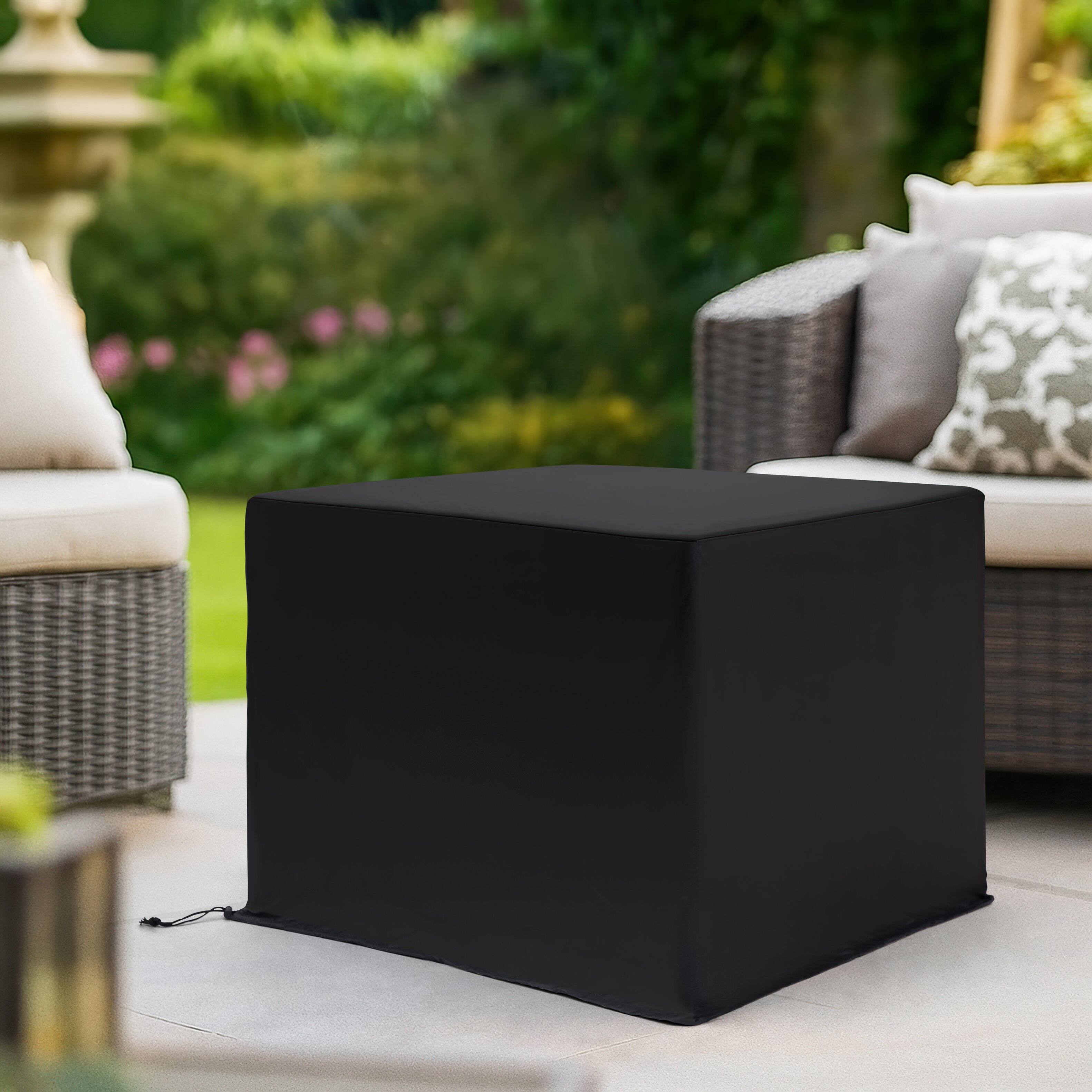 Angle. Nuu Garden - 31" x 31" x 25" Square Outdoor Fire Pit Cover with PVC Coating, Drawstring - Black.