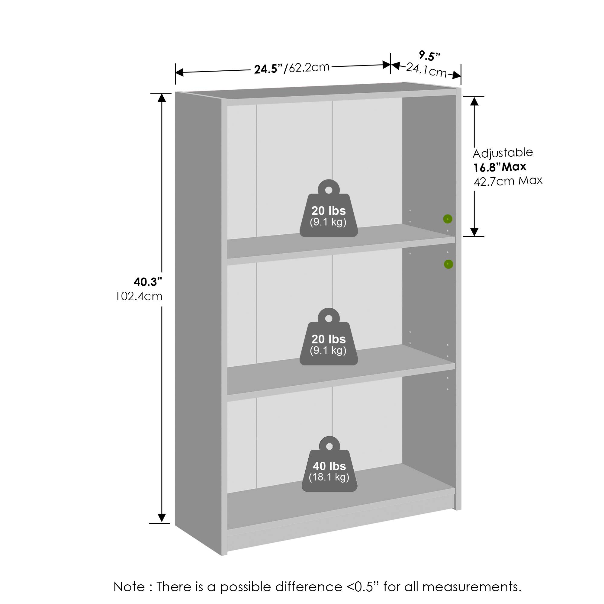24.5"/62.2cm  
9.5"  
24.1cm  
Adjustable 16.8" Max 42.7cm  
40.3" 102.4cm  
20 lbs (9.1 kg)  
40 lbs (18.1 kg)  

Note: There is a possible difference <0.5" for all measurements.
