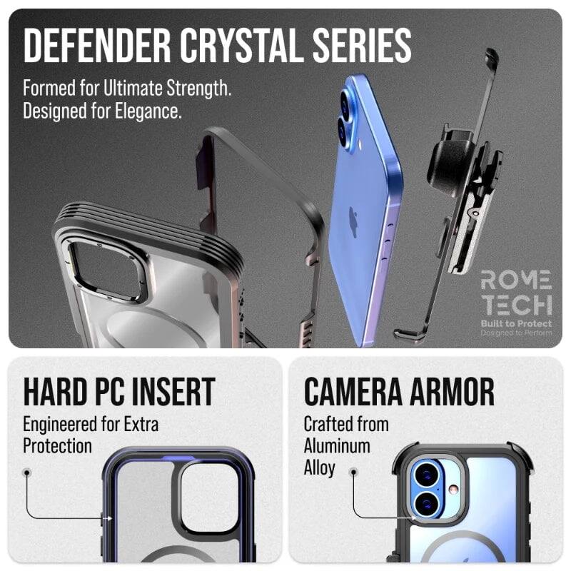 DEFENDER CRYSTAL SERIES  
Formed for Ultimate Strength.  
Designed for Elegance.  

HARD PC INSERT  
Engineered for Extra Protection  

CAMERA ARMOR  
Crafted from Aluminum Alloy  

ROME TECH  
Built to Protect  
Designed to Perform