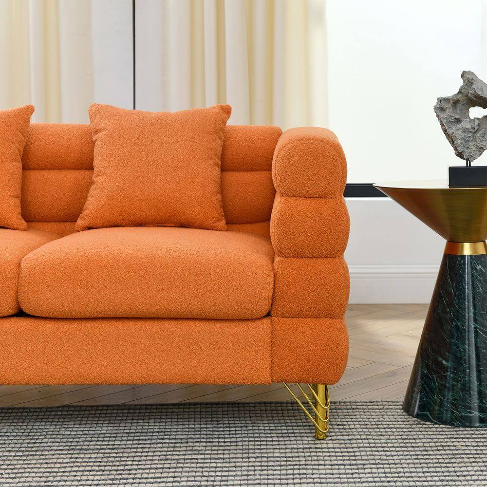 Angle. Kadyn - 81" 3-Seater Sectional Sofa, Plush Teddy Fabric with Deep Comfort and 3 Included Pillows, Orange - Orange.