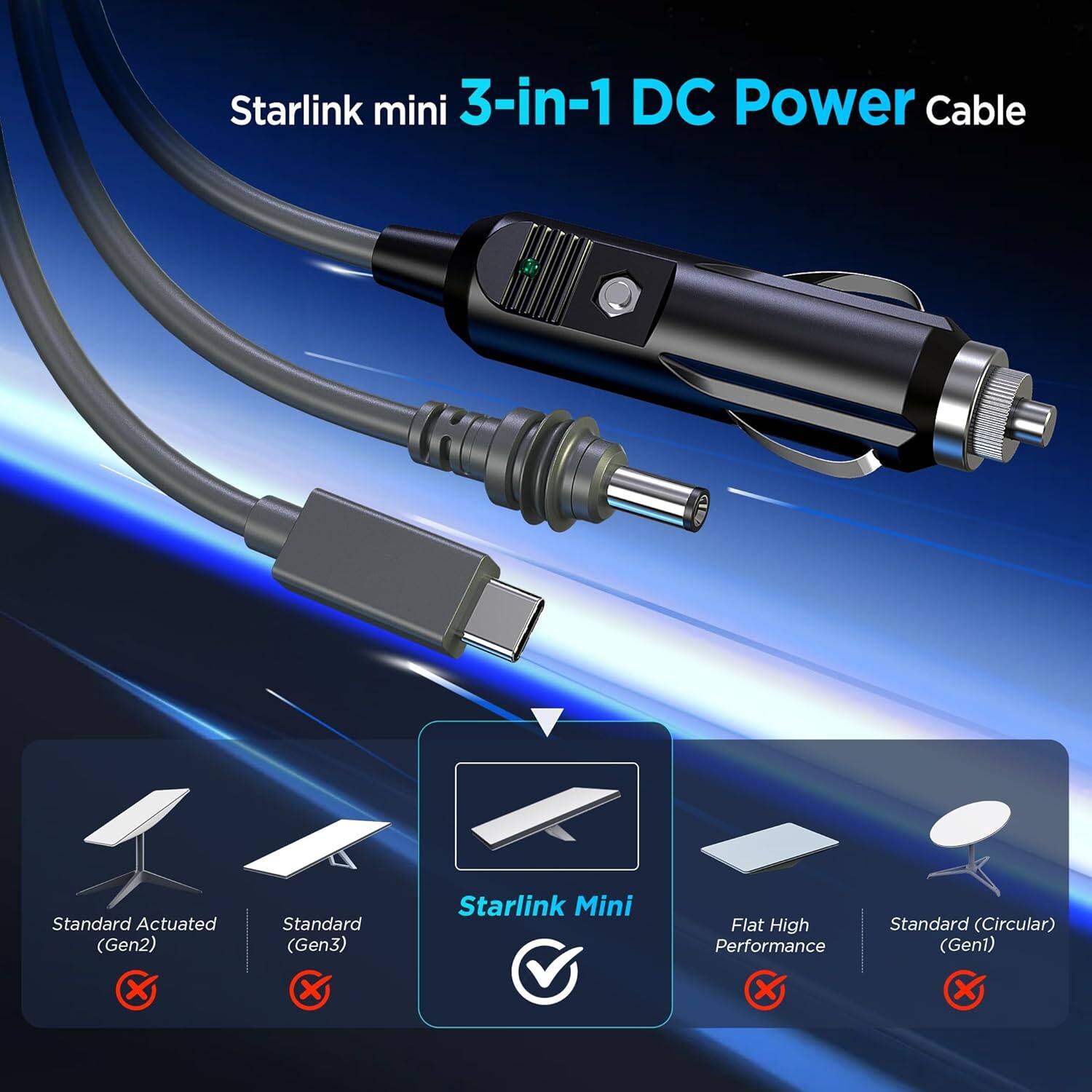 Starlink mini 3-in-1 DC Power Cable

- Standard Actuated (Gen2) ❌
- Standard (Gen3) ❌
- Starlink Mini ✅
- Flat High Performance ❌
- Standard (Circular) (Gen1) ❌
