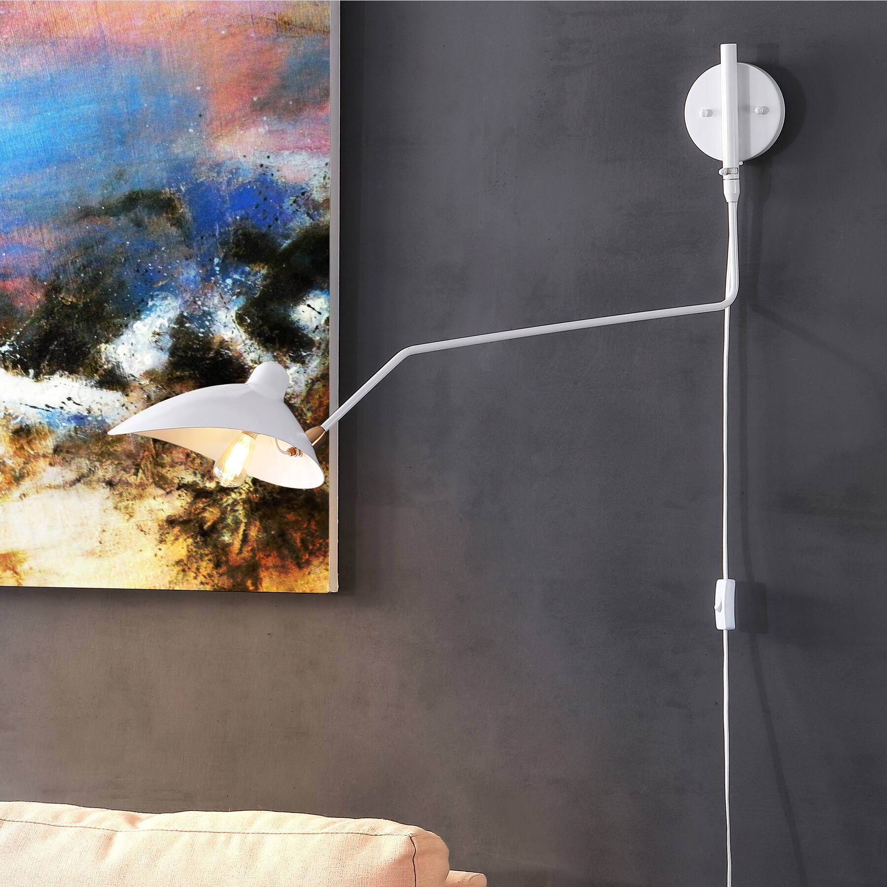 Alt View 6. Jonathan Y - Frank 35" Iron Retro Swing LED Wall Sconce, White - White/Brass Gold.