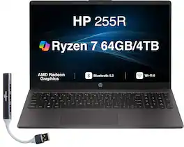 HP - Upgraded - 255R Laptop 15.6 FHD Display (Ryzen 7 7735U, 64GB, 4TB SSD, AMD Radeon, WiFi 6, Webcam, Win 11 Pro) w/USB Hub - Black
