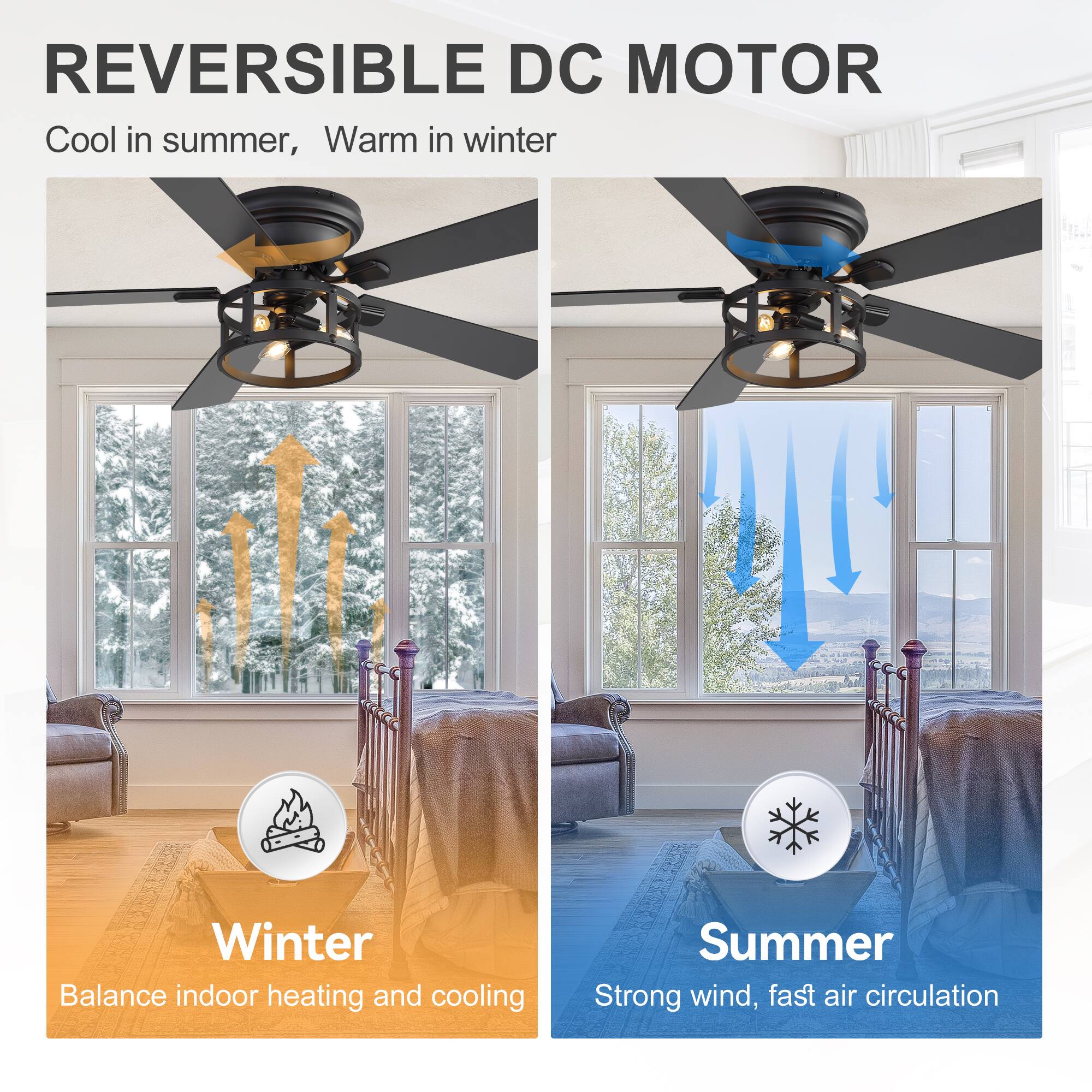 REVERSIBLE DC MOTOR  
Cool in summer, Warm in winter  

Winter  
Balance indoor heating and cooling  

Summer  
Strong wind, fast air circulation