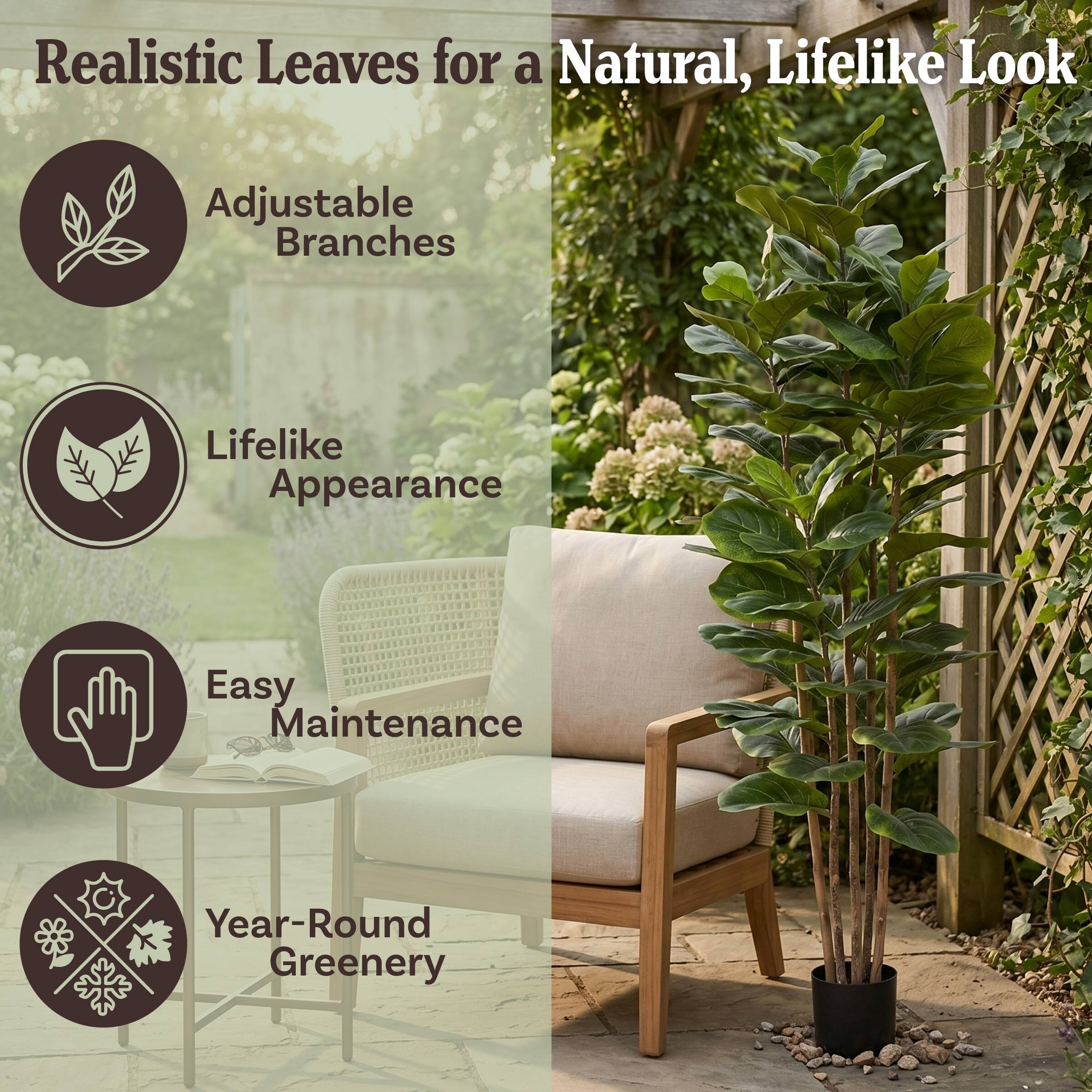 Realistic Leaves for a Natural, Lifelike Look

- Adjustable Branches
- Lifelike Appearance
- Easy Maintenance
- Year-Round Greenery
