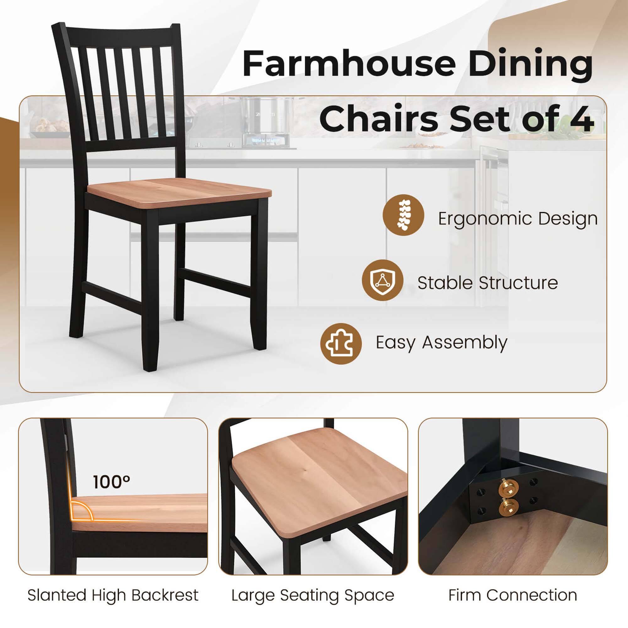 Farmhouse Dining Chairs Set of 4

Ergonomic Design
Stable Structure
Easy Assembly

100° Slanted High Backrest
Large Seating Space
Firm Connection
