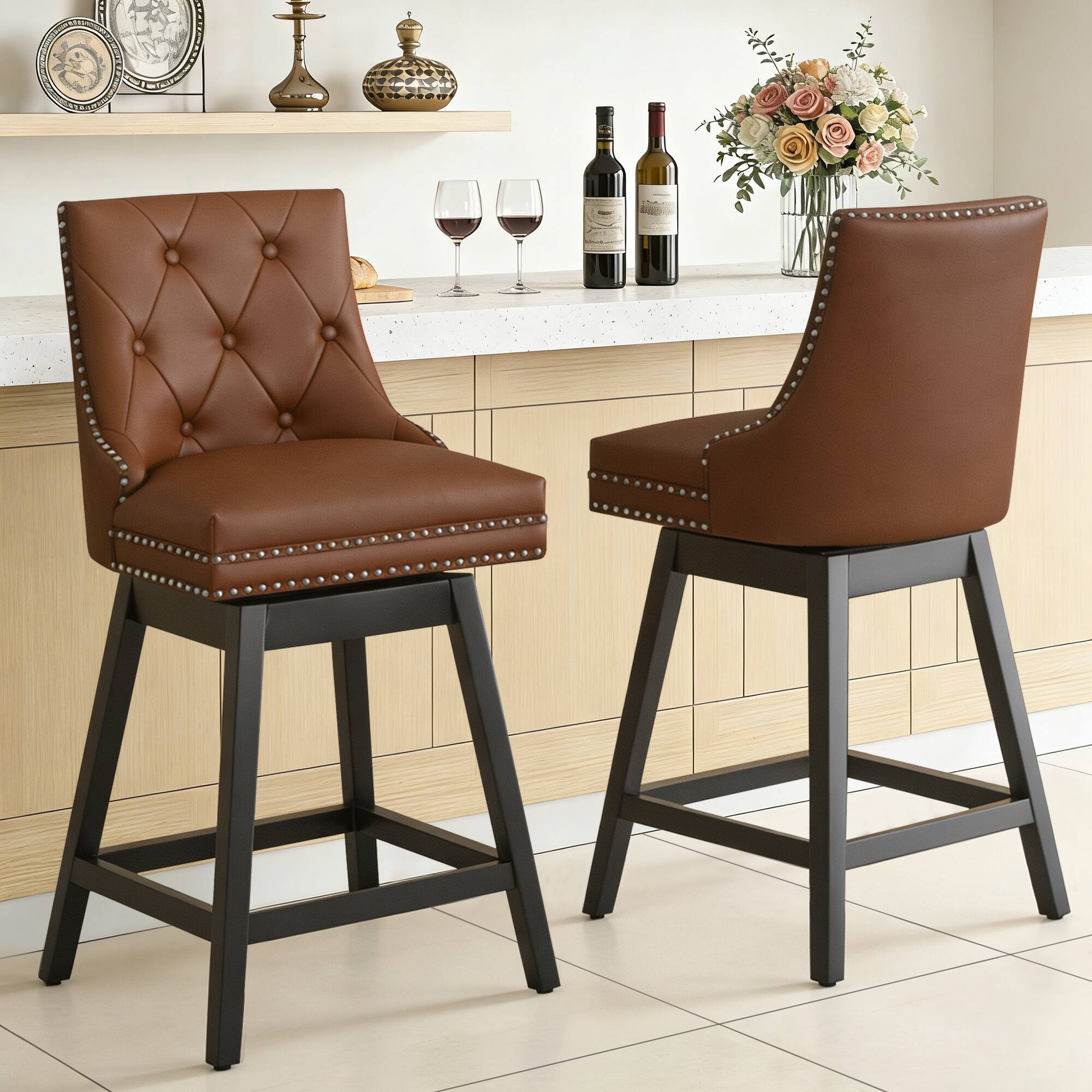 Alt View 5. KERDOM - Swivel Bar Stools with Backs, 26" Counter Barstools Set of 2, PU Leather Upholstered Kitchen Island Chairs for Home Bar - Camel.