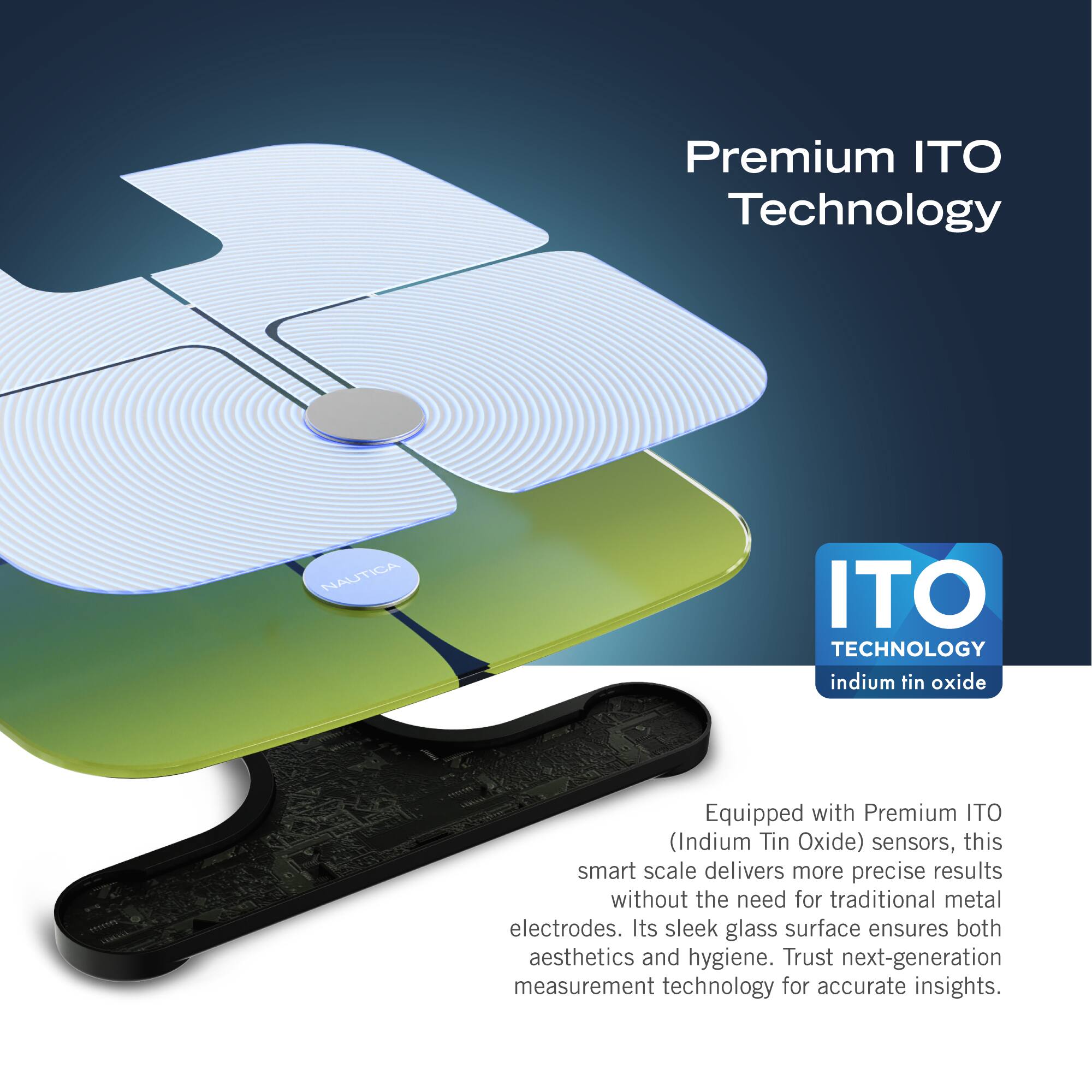 Premium ITO Technology is a smart scale that uses indium tin oxide sensors to deliver precise results without the need for traditional metal electrodes. The sleek glass surface of the scale ensures both aesthetics and hygiene. This next-generation measurement technology provides accurate insights for users.