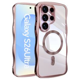 Dteck - Magnetic Case Samsung Galaxy S26 Ultra Built-in Lens Protector Shockproof Plating Curly Wavy Frame Clear Back Cover - Pink