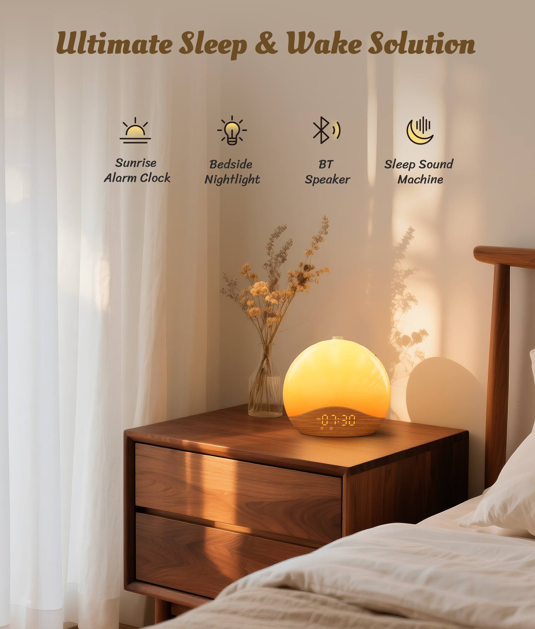 Sunrise Alarm Clock, Bedside Nightlight, BT Speaker, Sleep Sound Machine