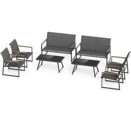 Costway - 8 PCS Patio Furniture Setwith Padded Fabric Seat & Wood-Plastic Armrests Table - Gray