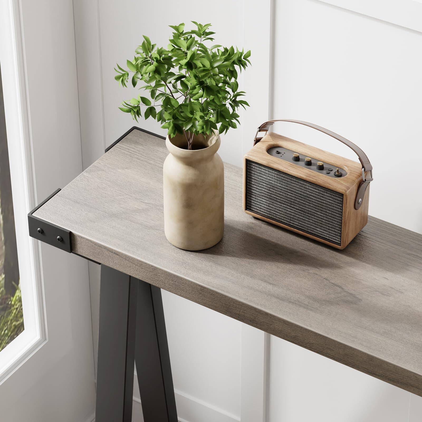 Alt View 1. Qeetex - Farmhouse Console Table, 43.3" Entryway Table with 2-Tier Storage & Metal Frame for Living Room, Hallway, Behind Couch - Gray.