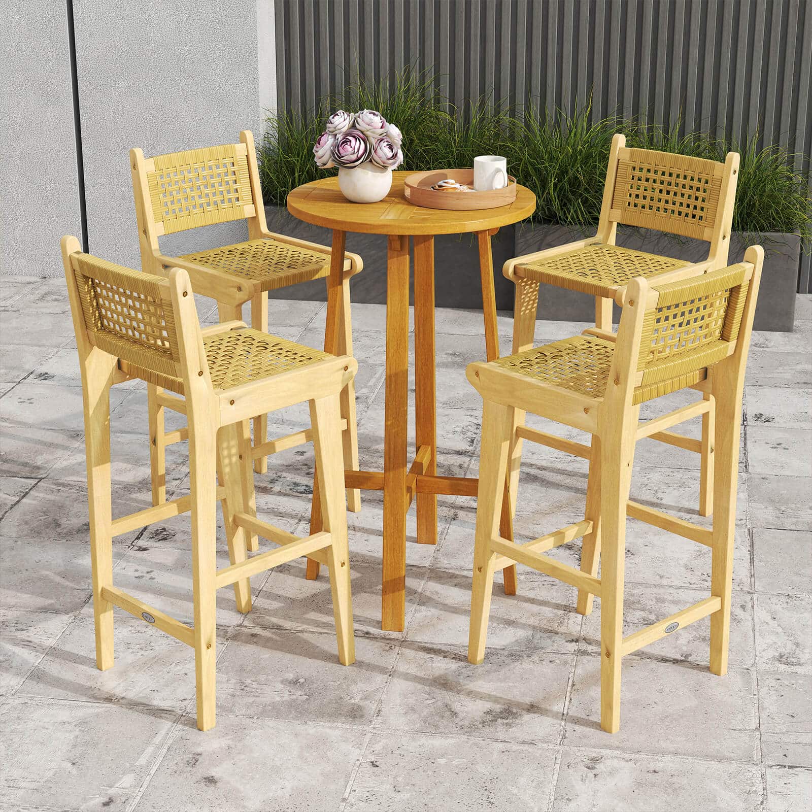 Alt View 4. Costway - Costway 4 PCS Patio Teak Wood Bar Stool Outdoor Bar Height Chair with Rattan Backrest & Seat - Natural.