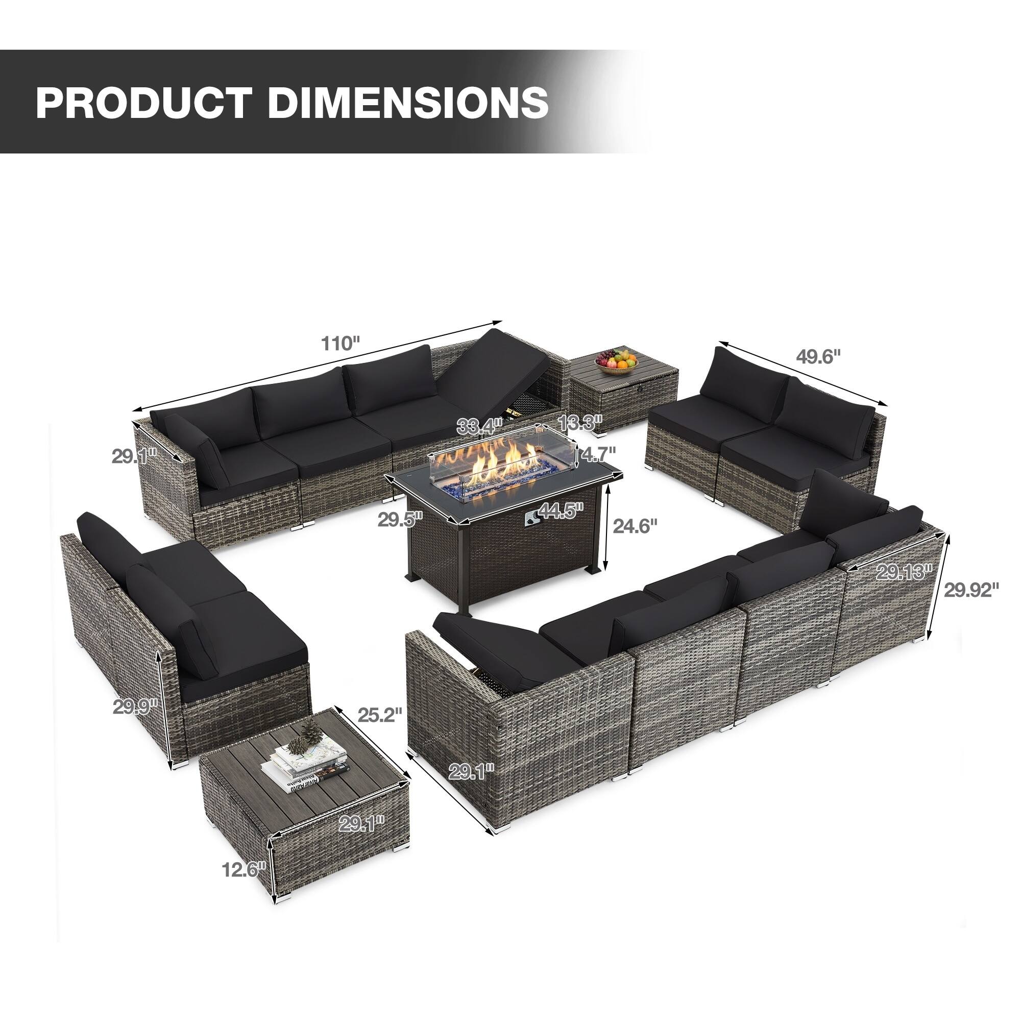 PRODUCT DIMENSIONS

110"  
49.6"  
29.1"  
33.4"  
13.3"  
4.7"  
29.5"  
44.5"  
24.6"  
29.13"  
29.92"  
29.9"  
25.2"  
29.1"  
12.6"