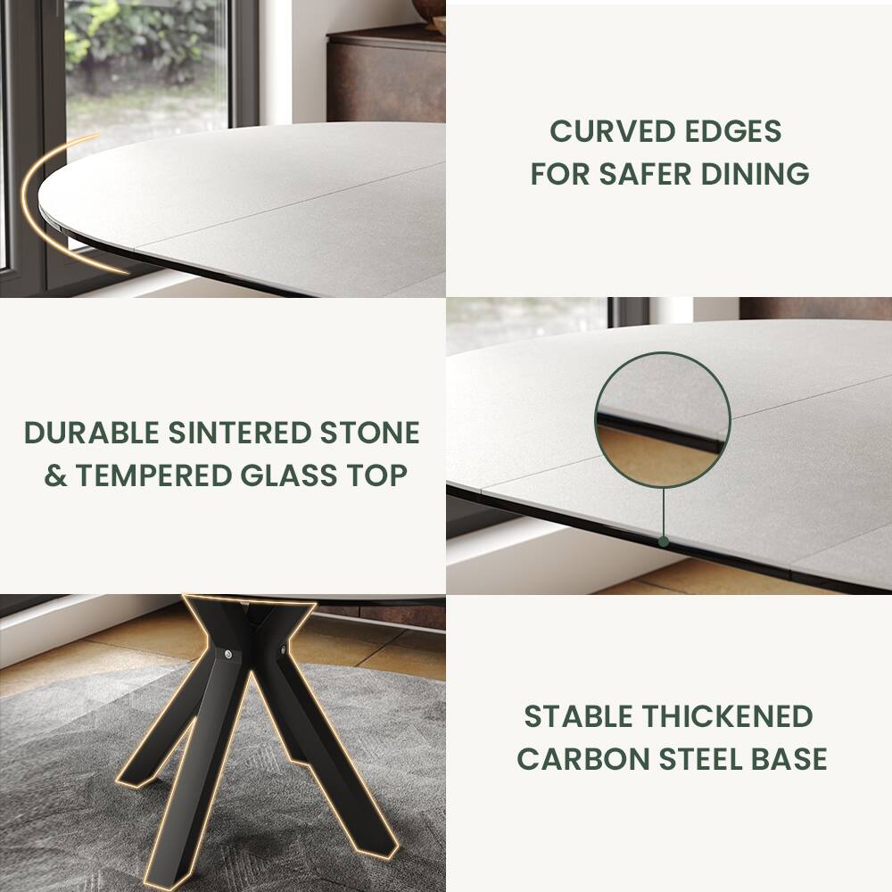 CURVED EDGES FOR SAFER DINING  
DURABLE SINTERED STONE & TEMPERED GLASS TOP  
STABLE THICKENED CARBON STEEL BASE