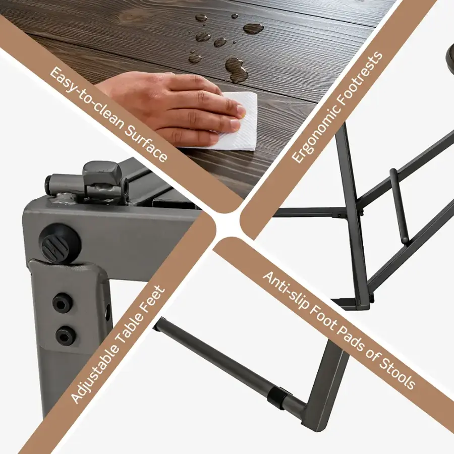 Easy-to-clean Surface, Footrests, Ergonomic Table Feet, Adjustable Anti-slip Foot Pads of Stools