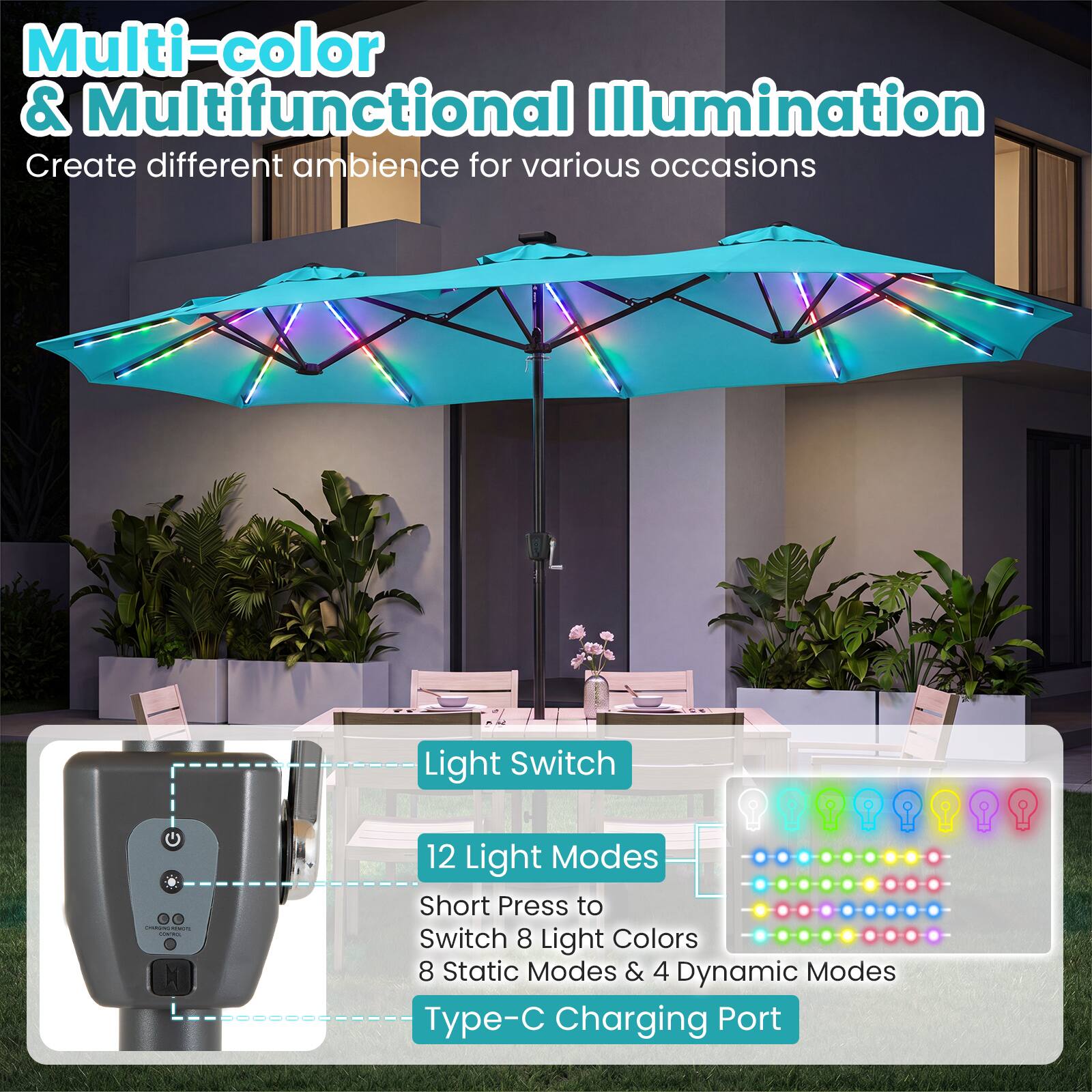Multi-color & Multifunctional Illumination  
Create different ambience for various occasions  

Light Switch  
12 Light Modes  
Short Press to Switch 8 Light Colors  
8 Static Modes & 4 Dynamic Modes  
Type-C Charging Port
