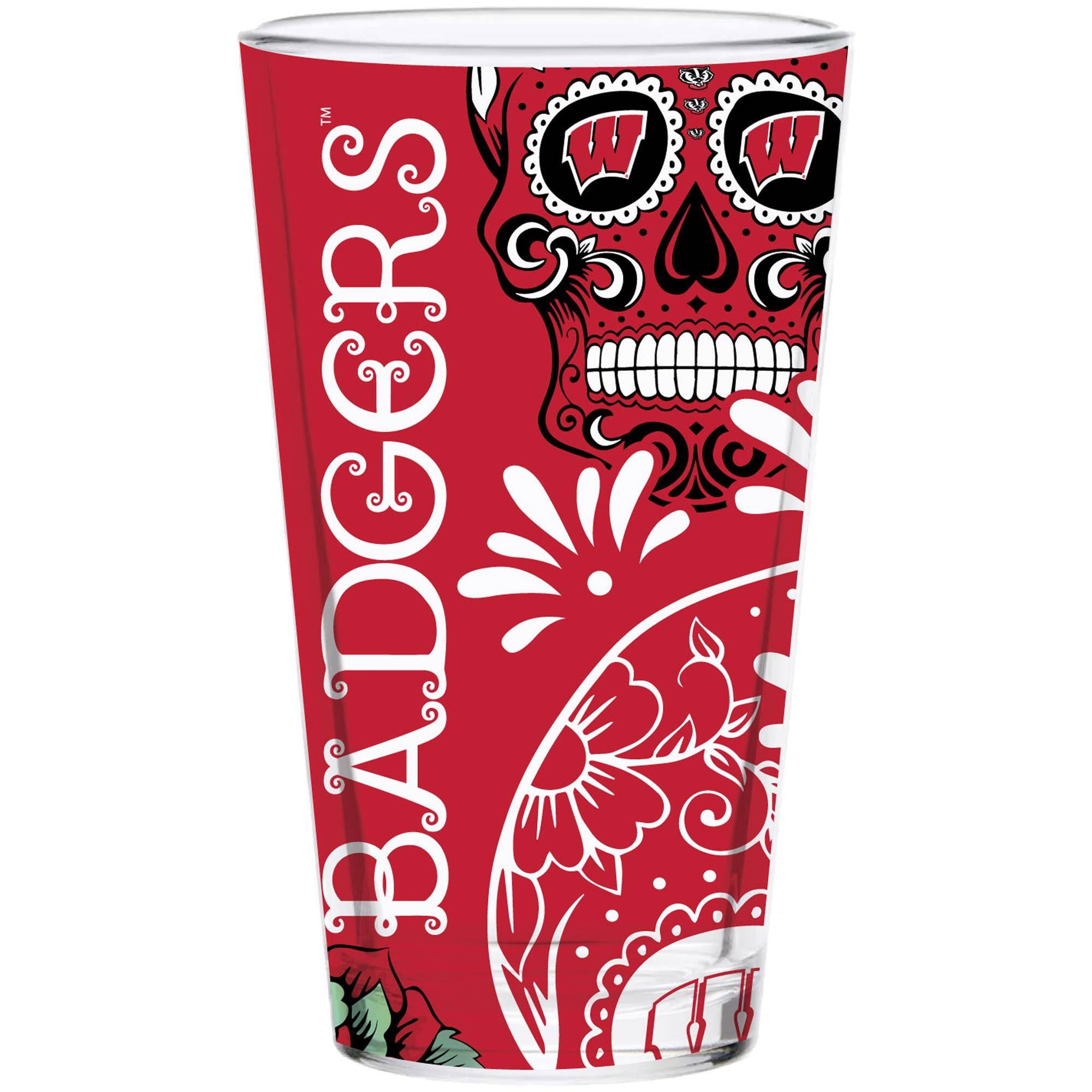 Alt View 1. Indigo Falls - Wisconsin Badgers 16oz. Dia de los Muertos Pint Glass - Multicolor.