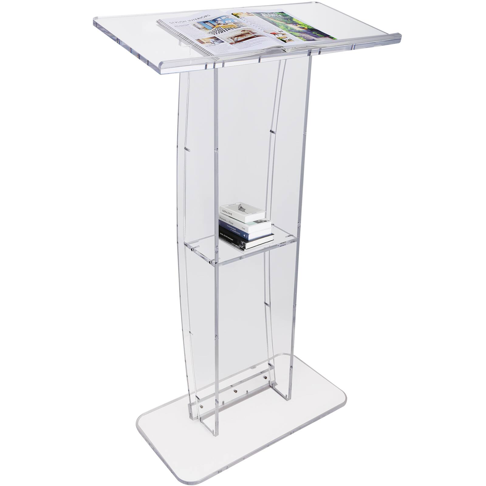 Front. VEVOR - Acrylic Podium, 47" Clear Acrylic Podium Stand with Wide Reading Surface & Storage Shelf - White.