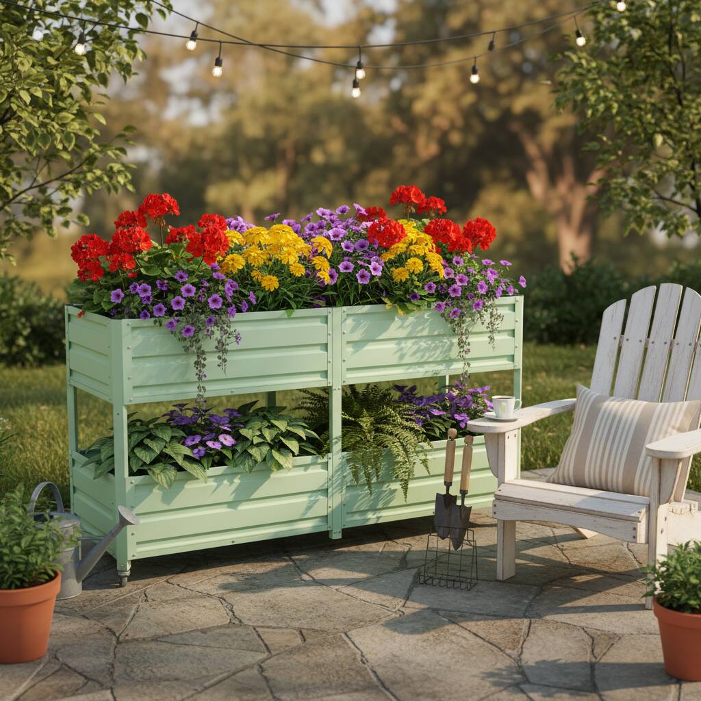Angle. Loheer - Loheer 2-Tier Elevated Raised Garden Bed Rolling Metal Planter Box with Lockable Wheels Green.