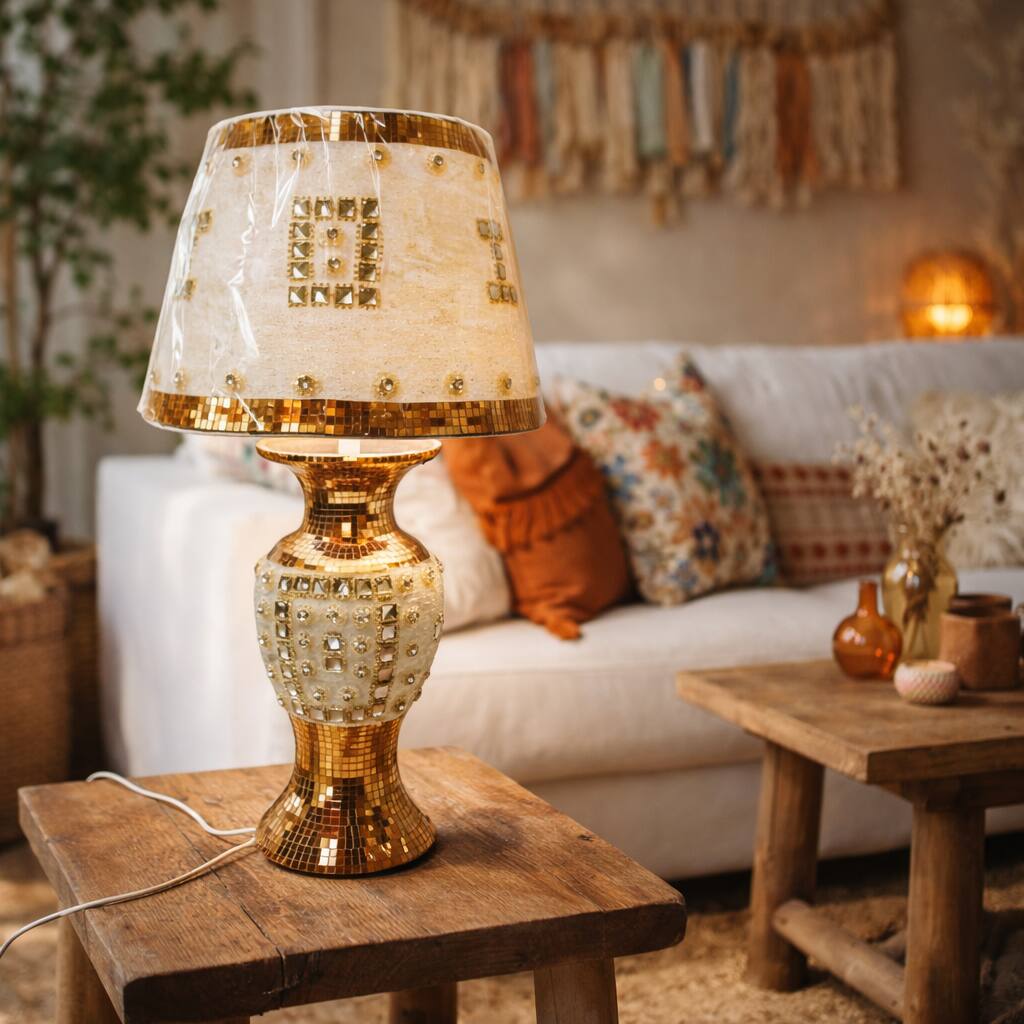 Front. FC Design - 20.5"H White Glossy Vase w/ Gold Panel & Beaded Faux Crystal Shade Table Lamp.