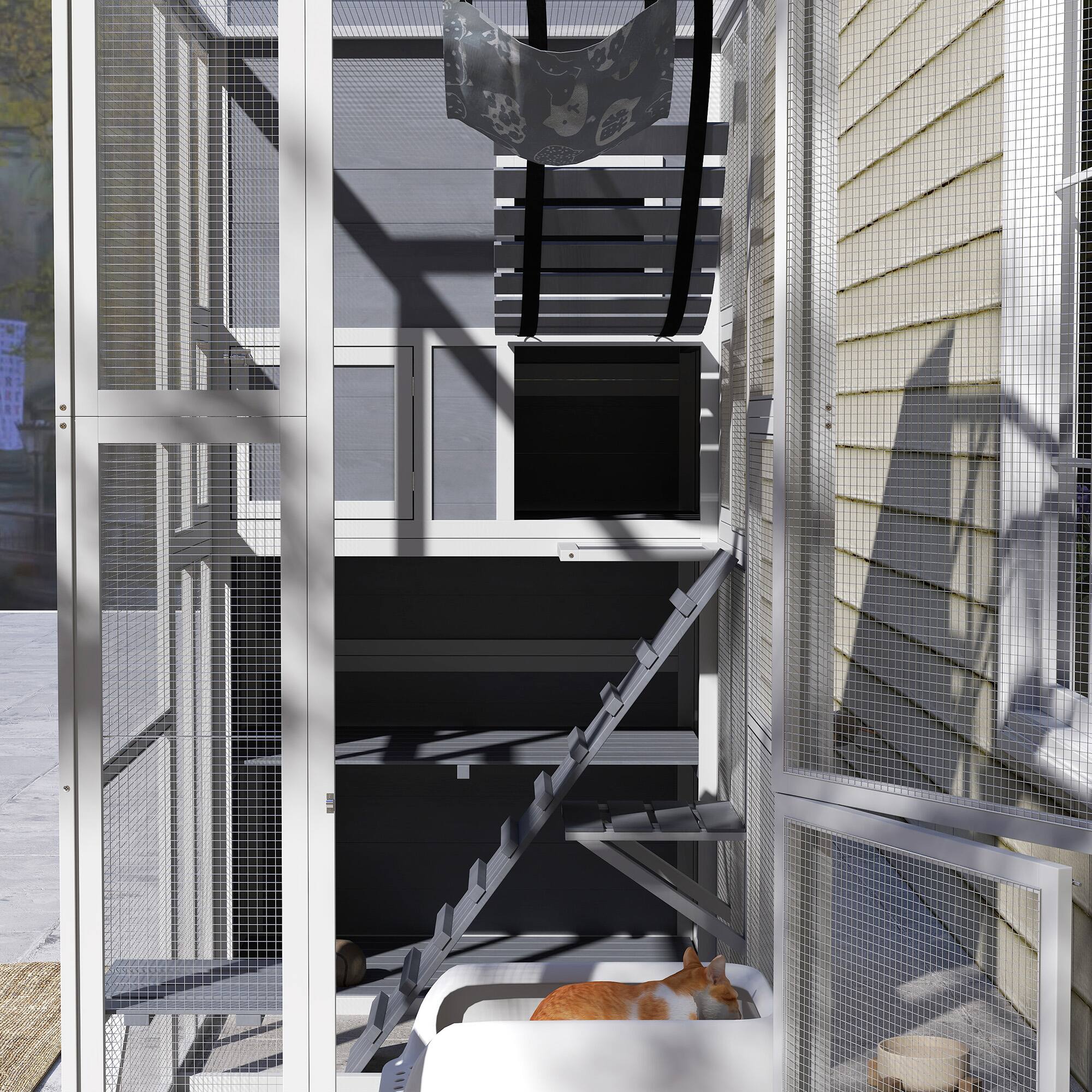 Alt View 4. Pawhut - Catio Outdoor Enclosure, 4 Tiers, 3 Platforms, 1 Soft Ladder, 2 Ramps, 1 Hammock, 2-3 Cats, 76"x36"x68".