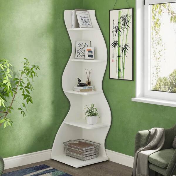 Angle. SlickBlue - 5-Tier Open Shelving Rack with Streamlined Shape for Living Room or Office - White.