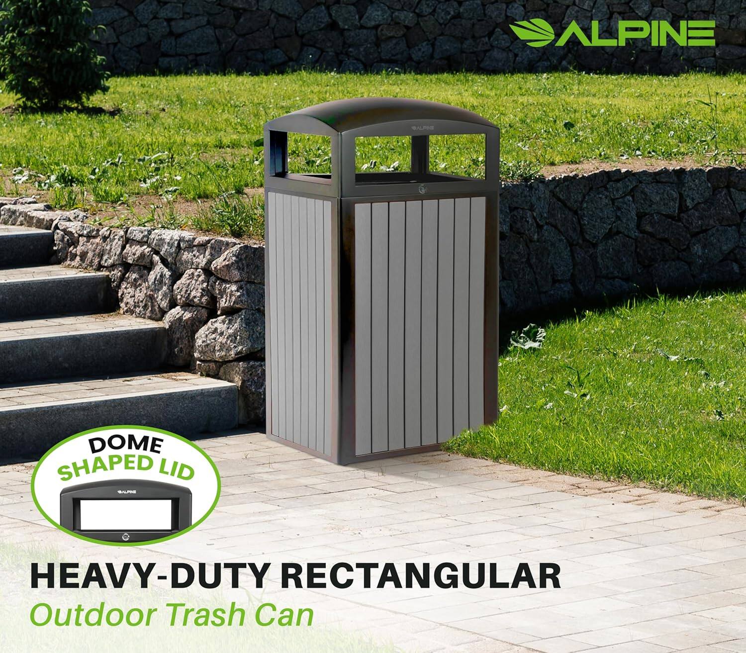 ALPINE  
DOME SHAPED LID  
HEAVY-DUTY RECTANGULAR Outdoor Trash Can