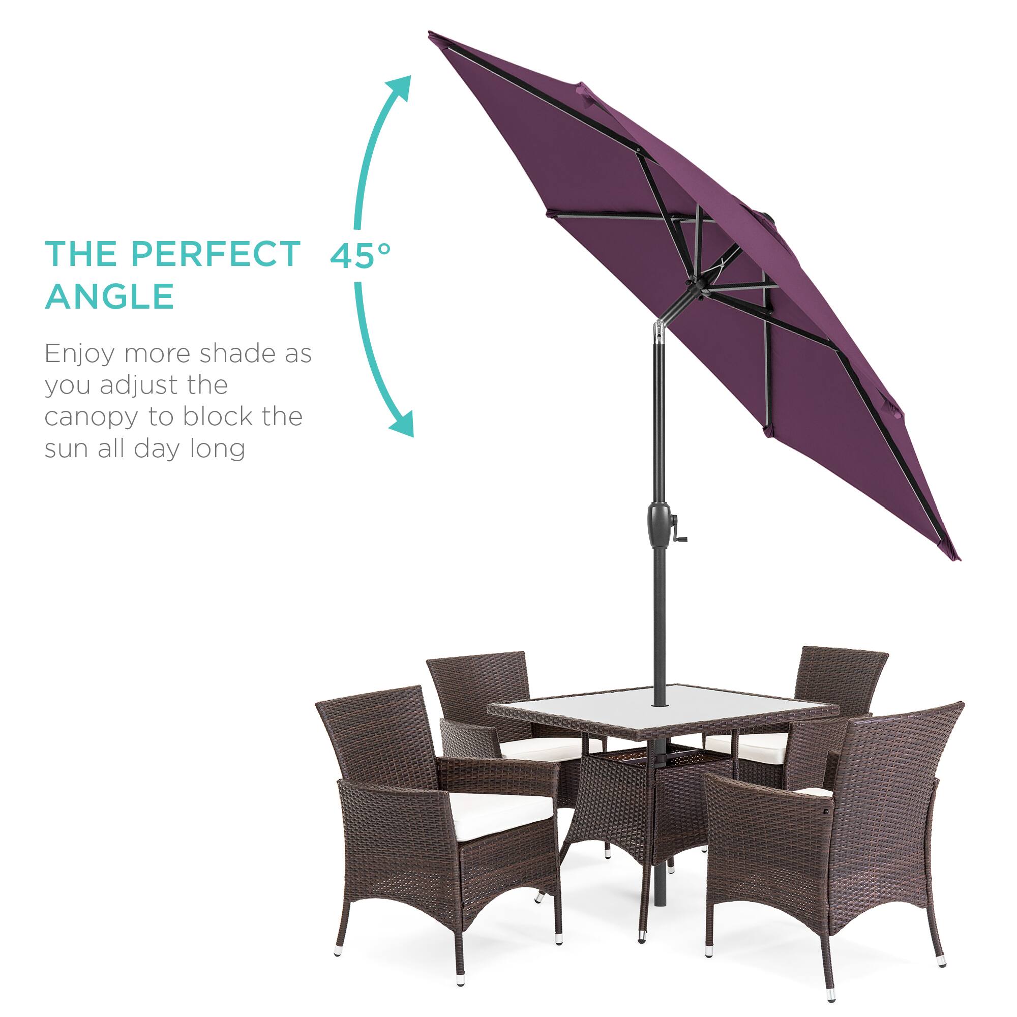 THE PERFECT 45° ANGLE

Enjoy more shade as you adjust the canopy to block the sun all day long