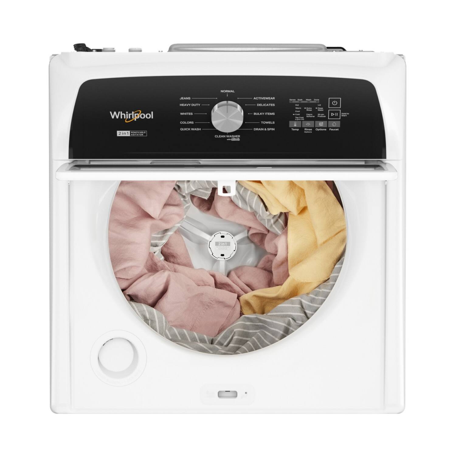 Whirlpool  
2-in-1 Washer & Dryer  

Washer:  
- Jeans  
- Heavy Duty  
- Whites  
- Colors  
- Quick Wash  
- Clean Washer  

Dryer:  
- Normal  
- Active Wear  
- Delicates  
- Bulky Items  
- Towels  
- Drain & Spin  

Options:  
- Temperature  
- Damp Dry  
- OptiDry  
- PreciseDry  

2001