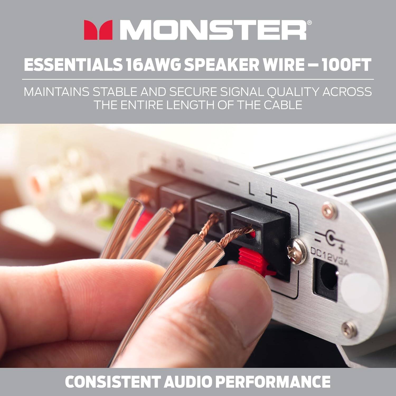 MONSTER ESSENTIALS 16AWG SPEAKER WIRE-100FT - MAINTAINS STABLE AND SECURE SIGNAL QUALITY ACROSS THE ENTIRE LENGTH OF THE CABLE - DC12V3A - CONSISTENT AUDIO PERFORMANCE