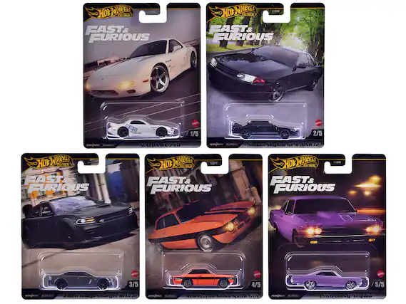 Sure, here is the corrected and grouped text from the image:
---
**Hot Wheels Premium**
**Fast & Furious**
1/5
MAZDA RX-7 FD
2/5
Nissan Skyline GT-R (BNR32)
3/5
2020 Dodge Charger Hellcat
4/5
Alfa Romeo Giulia Sprint GTA
5/5
1966 Chevy Impala
---
**Hot Wheels Premium**
**Fast & Furious**
1/5
MAZDA RX-7 FD
2/5
Nissan Skyline GT-R (BNR32)
3/5
2020 Dodge Charger Hellcat
4/5
Alfa Romeo Giulia Sprint GTA
5/5
1966 Chevy Impala
---
**Hot Wheels Premium**
**Fast & Furious**
1/5
MAZDA RX-7 FD
2/5
Nissan Skyline GT-R (BNR32)
3/5
2020 Dodge Charger Hellcat
4/5
Alfa Romeo Giulia Sprint GTA
5/5
1966 Chevy Impala
---
**Hot Wheels Premium**
**Fast & Furious**
1/5