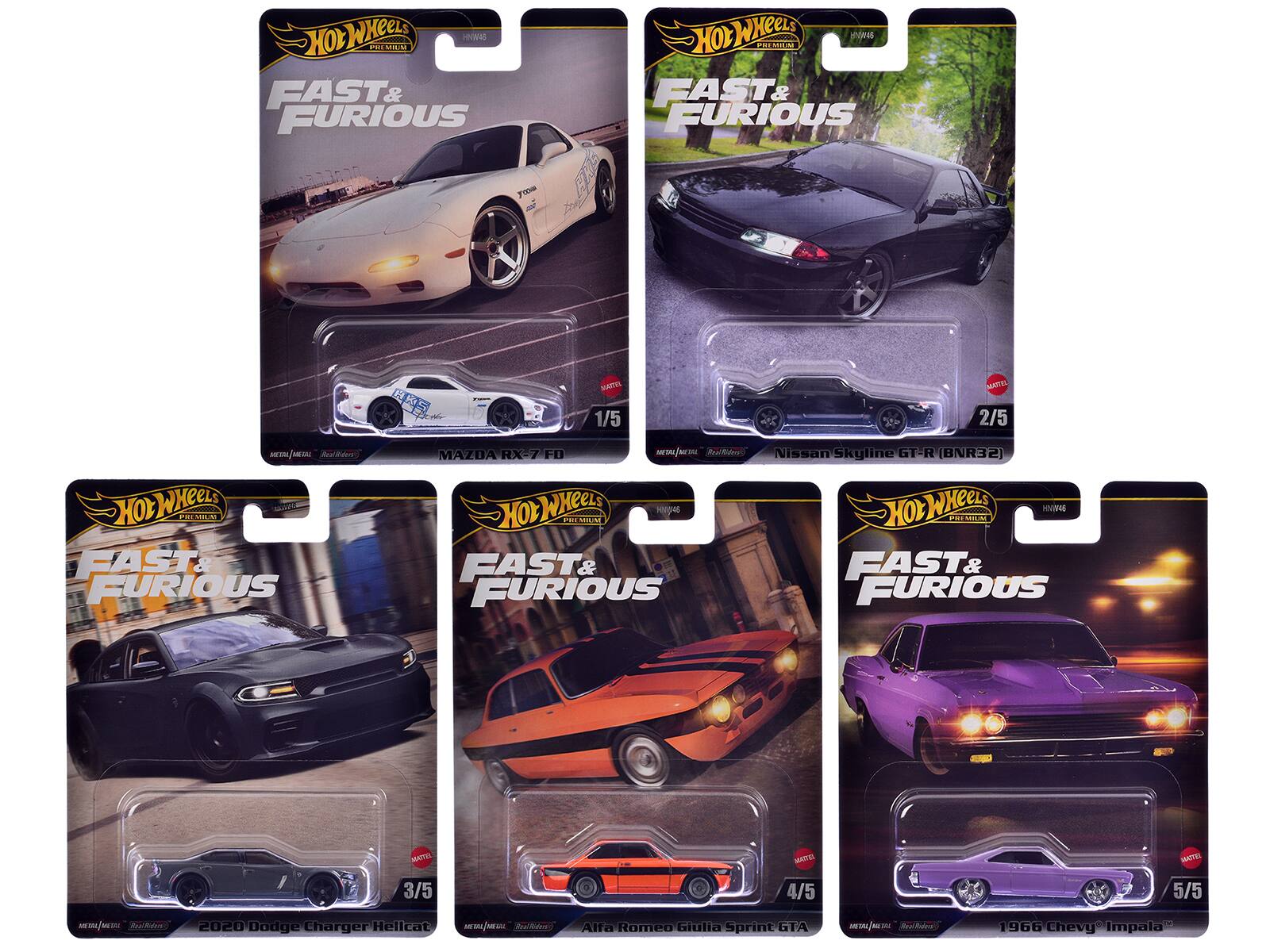 Sure, here is the corrected and grouped text from the image:

---

**Hot Wheels Premium**

**Fast & Furious**

1/5  
MAZDA RX-7 FD

2/5  
Nissan Skyline GT-R (BNR32)

3/5  
2020 Dodge Charger Hellcat

4/5  
Alfa Romeo Giulia Sprint GTA

5/5  
1966 Chevy Impala

---

**Hot Wheels Premium**

**Fast & Furious**

1/5  
MAZDA RX-7 FD

2/5  
Nissan Skyline GT-R (BNR32)

3/5  
2020 Dodge Charger Hellcat

4/5  
Alfa Romeo Giulia Sprint GTA

5/5  
1966 Chevy Impala

---

**Hot Wheels Premium**

**Fast & Furious**

1/5  
MAZDA RX-7 FD

2/5  
Nissan Skyline GT-R (BNR32)

3/5  
2020 Dodge Charger Hellcat

4/5  
Alfa Romeo Giulia Sprint GTA

5/5  
1966 Chevy Impala

---

**Hot Wheels Premium**

**Fast & Furious**

1/5  
