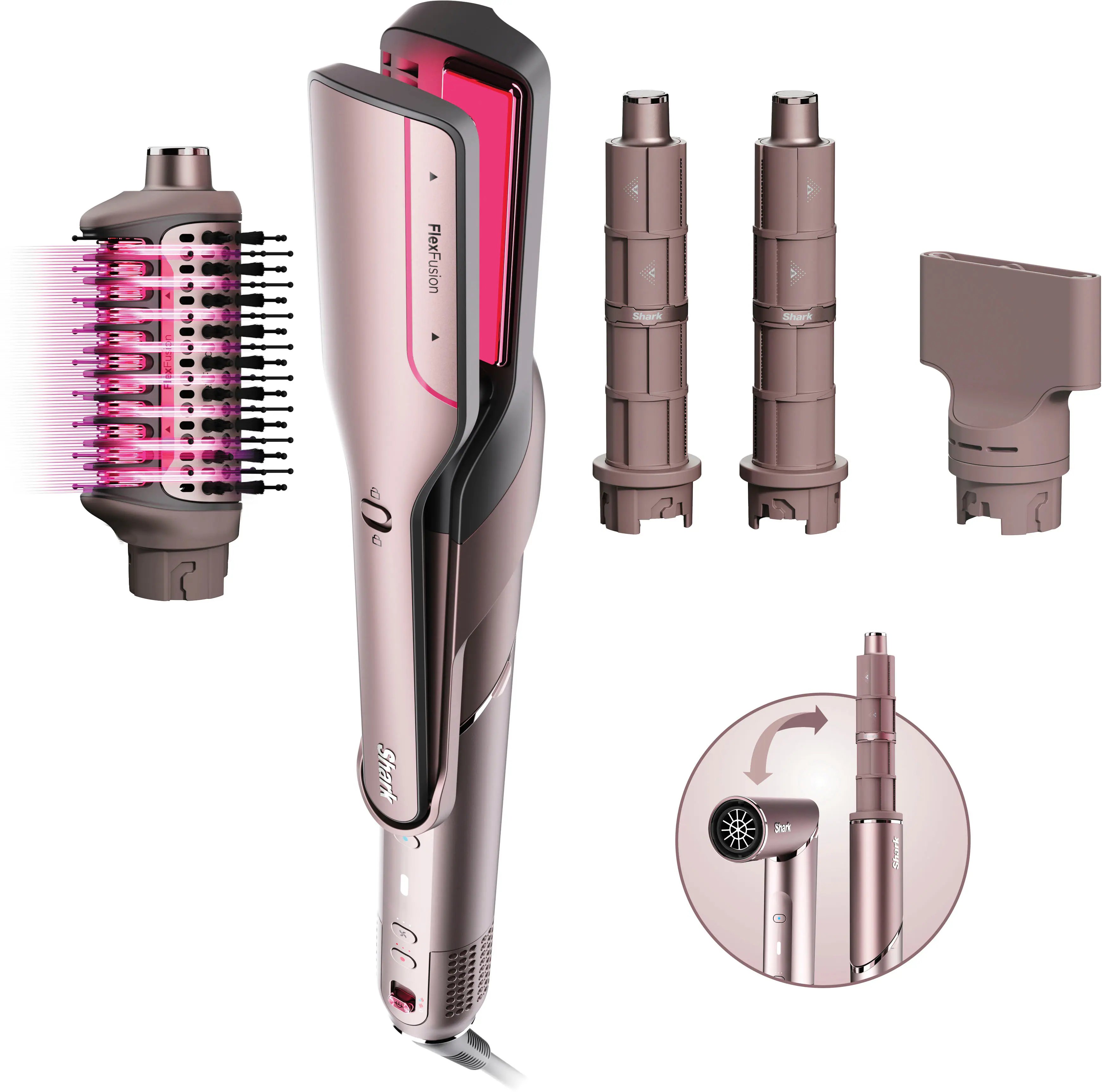 Shark - FlexFusion Air Straightener & Hair Dryer, Fusion Ceramic Brush Styler, with Auto-Wrap Curlers & Concentrator - Cosmic Blush