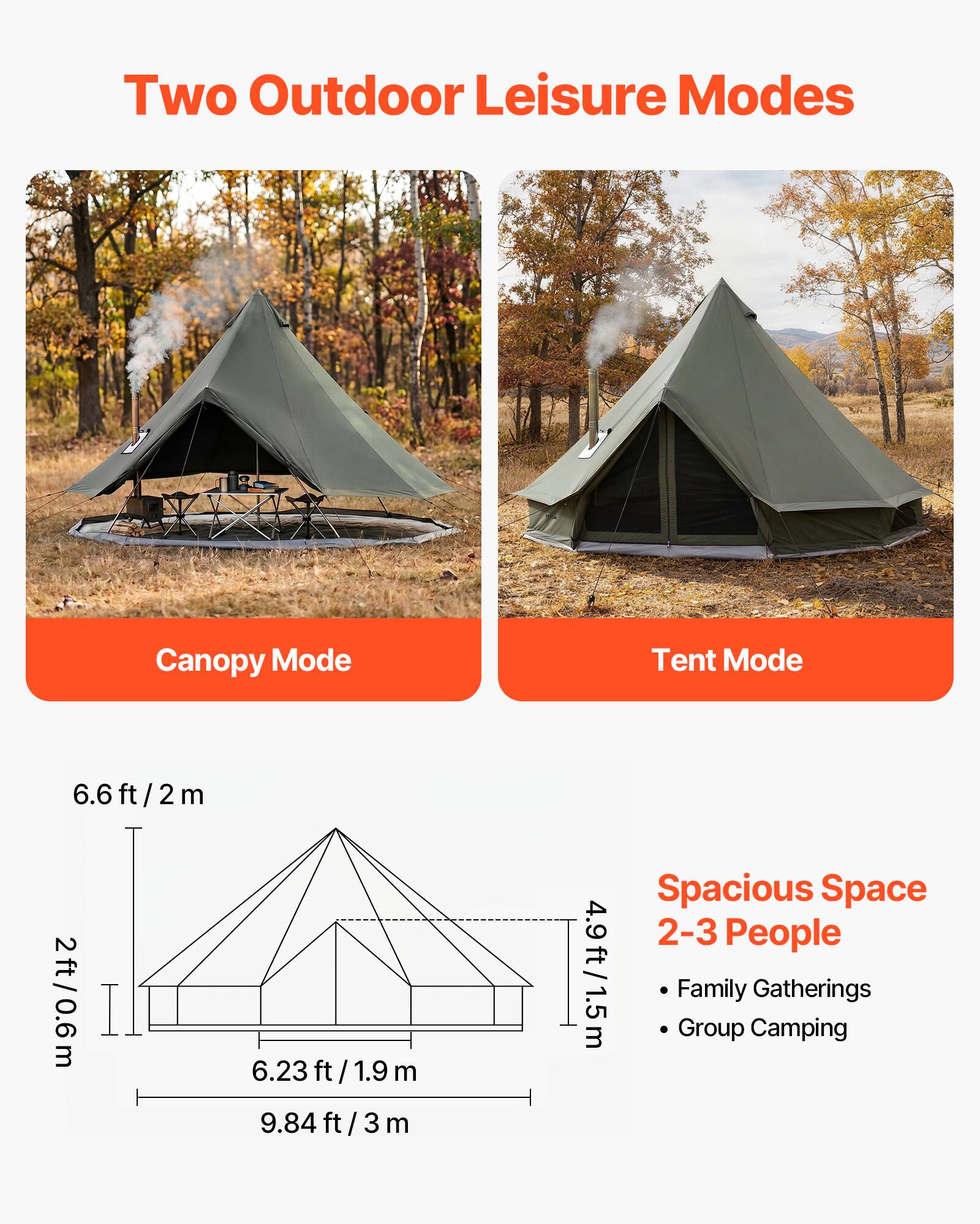 Two Outdoor Leisure Modes

Canopy Mode
6.6 ft / 2 m

Tent Mode
2 ft / 0.6 m
6.23 ft / 1.9 m
9.84 ft / 3 m

Spacious Space
2-3 People
4.9 ft / 1.5 m

Family Gatherings
Group Camping