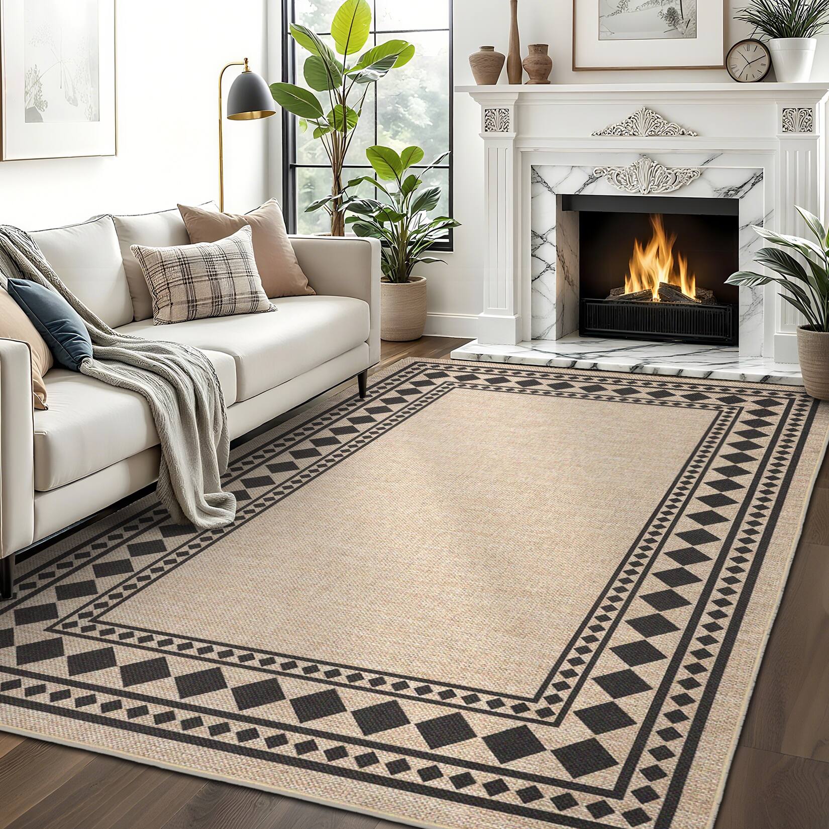 Angle. Jojoka - Modern Geometric Border Area Rug Minimalist Machine Washable Non Slip Ultra Thin Low Pile Carpet for High Traffic Areas - Camel Black.