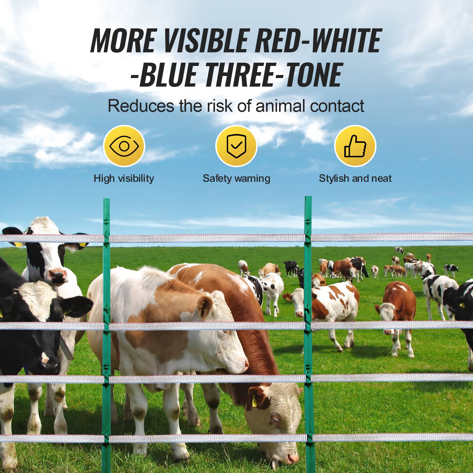MORE VISIBLE RED-WHITE -BLUE THREE-TONE  
Reduces the risk of animal contact  

- High visibility  
- Safety warning  
- Stylish and neat
