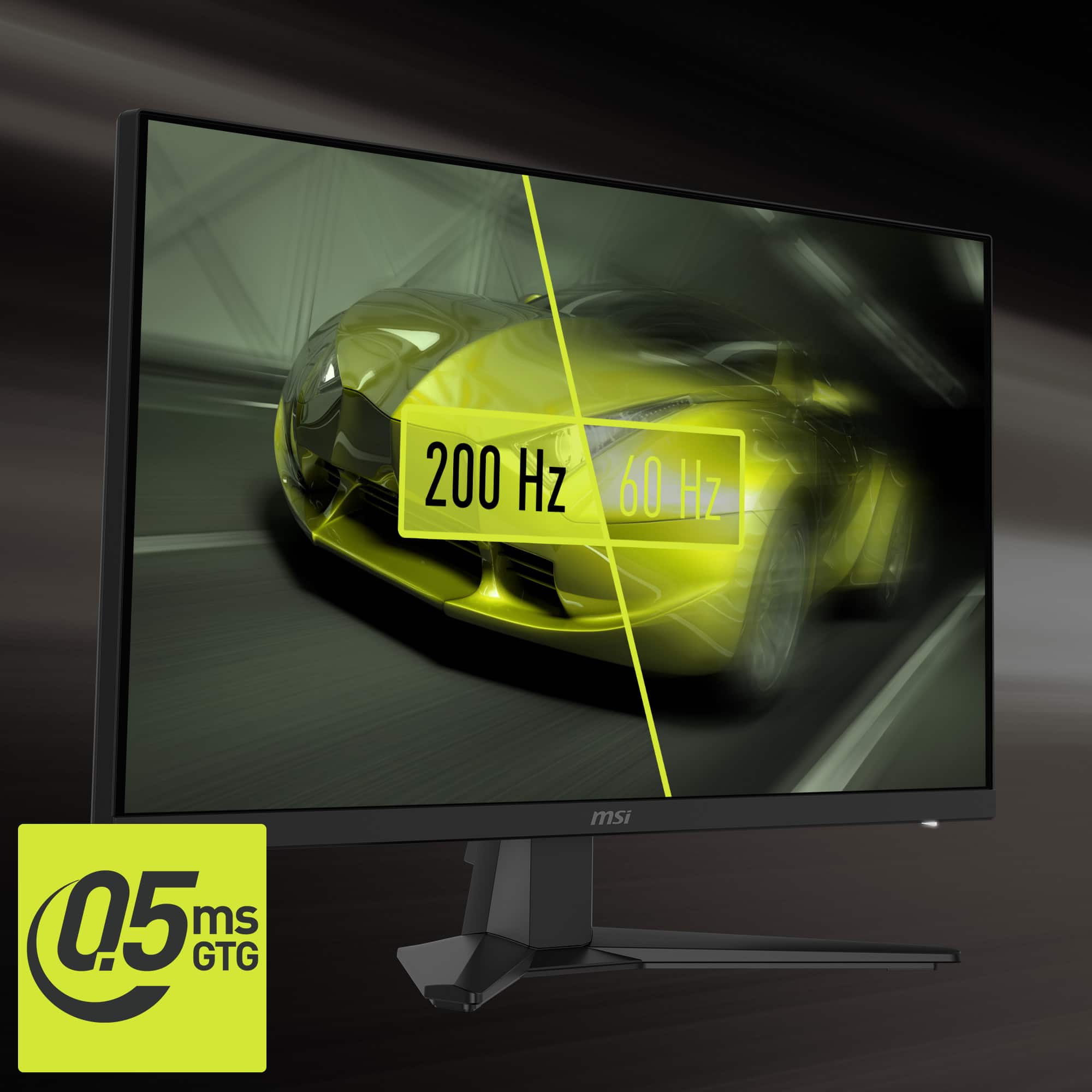 The text on the image reads: "200 Hz 60 Hz 05 ms GTG msi." This can be grouped and corrected as follows:
"200 Hz (60 Hz) 05 ms GTG msi."
The text is describing the specifications of a computer monitor, which has a refresh rate of 200 Hz (60 Hz) and a response time of 05 ms. The brand of the monitor is MSI.
