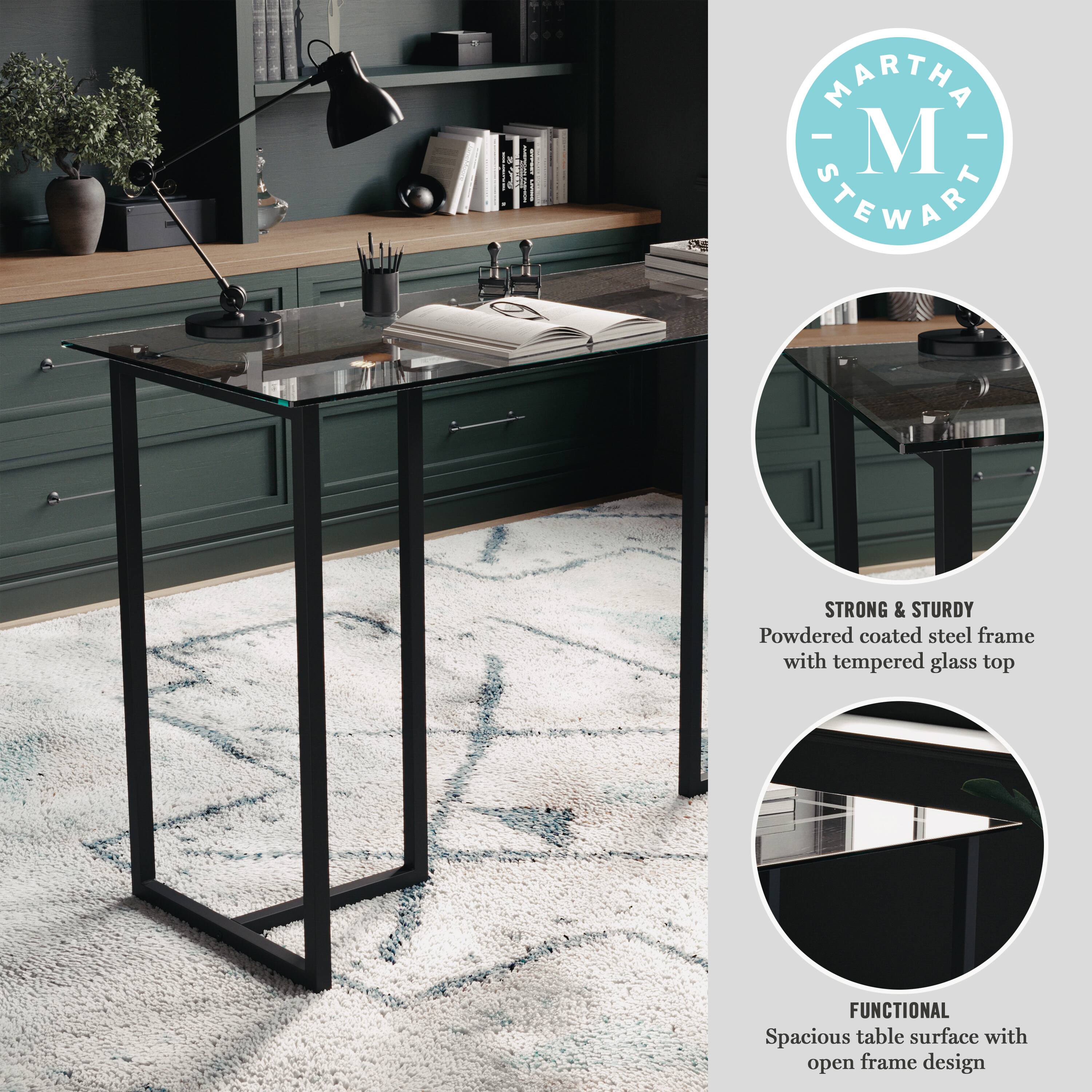 MARTHA STEWART - Strong & Sturdy Powdered coated steel frame with tempered glass top FUNCTIONAL Spacious table surface with open frame design