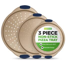 NutriChef - 3-Piece Pizza Tray Set, Nonstick with Silicone Handles, Small, Medium & Large Gold (NCPZPN3GD)