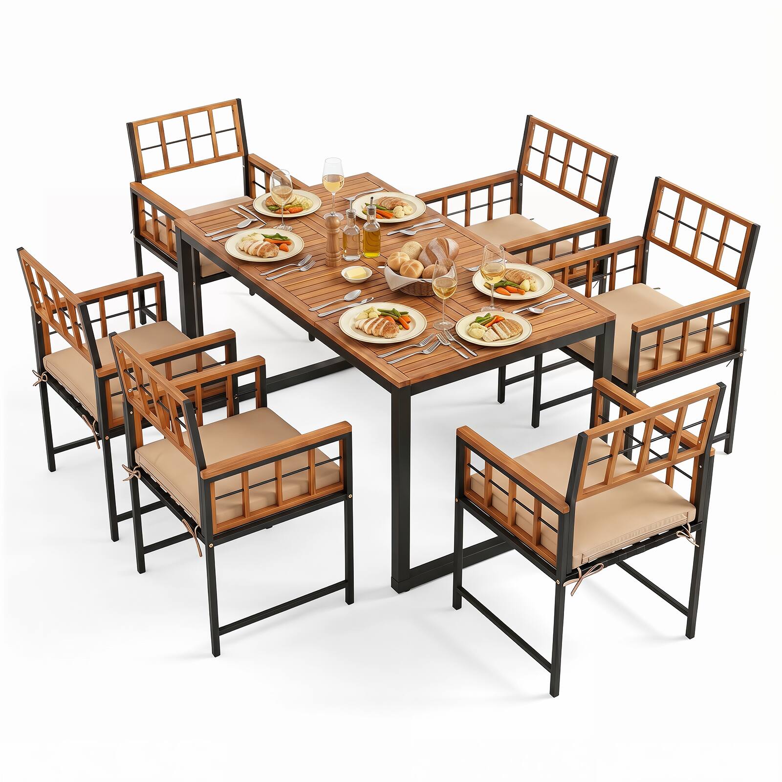 Alt View 1. Costway - Costway 7PCS Outdoor Dining Set, Acacia Wood Rectangular Table & Chairs Set with Cushions - Natural+Black+Beige.