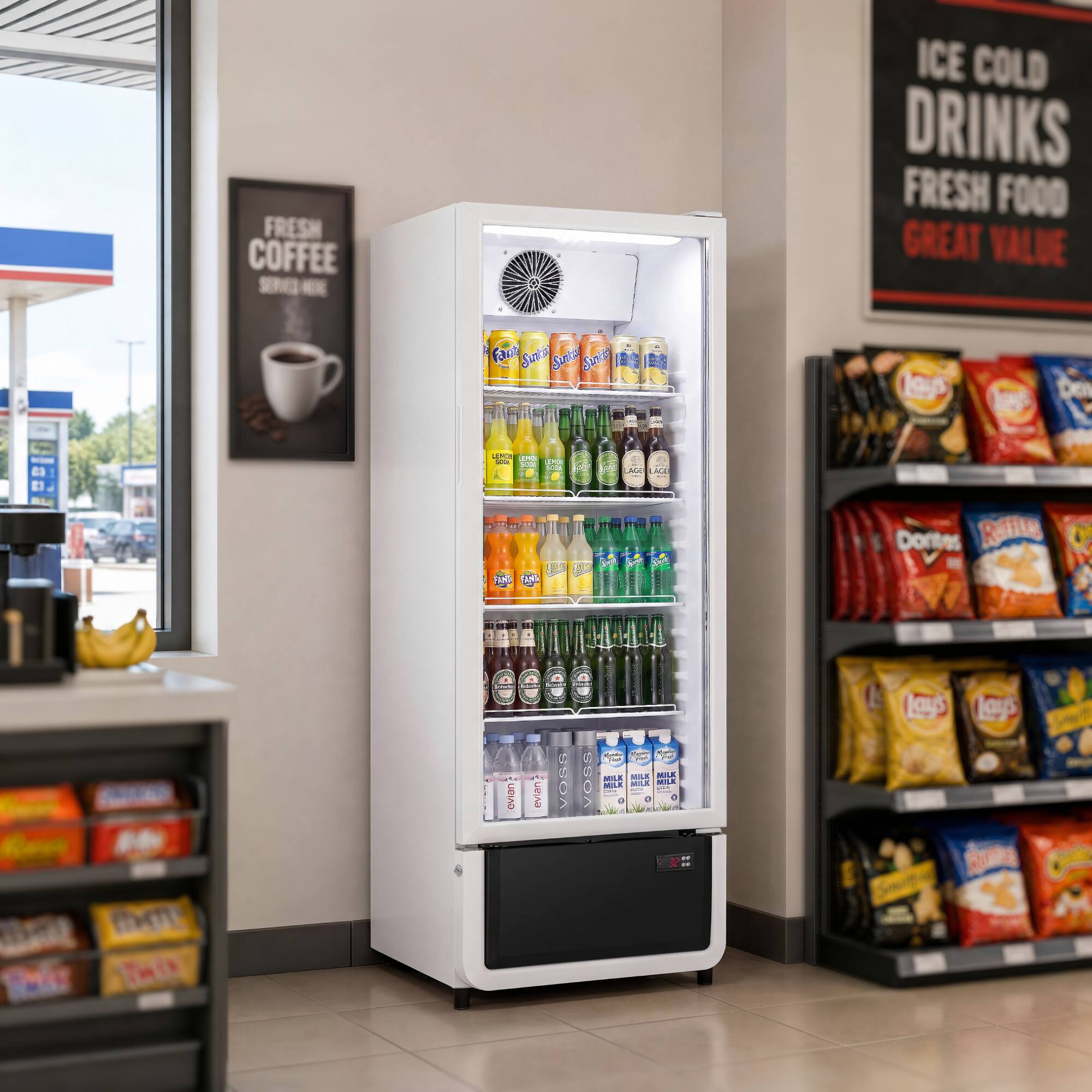 FRESH COFFEE  
ICE COLD DRINKS  
FRESH FOOD  
GREAT VALUE  

Fant  
Sata  
Sunter  
Las Den d 1 E  
AO ...  
AE a TIA H 3 G AR  
Dontes  
RAliLe  
ovian  
evian  
VOSS  

Lays  
Lays  
R