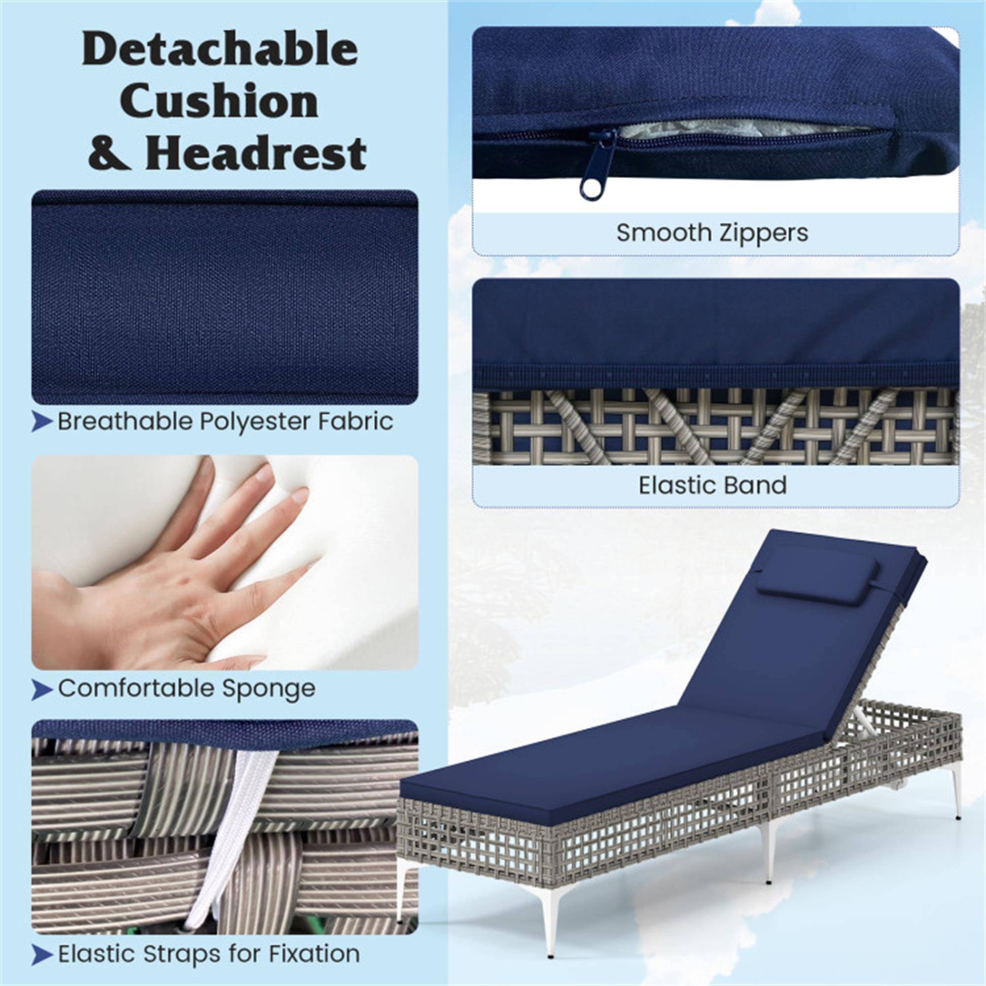- Detachable Cushion & Headrest
  - Breathable Polyester Fabric
  - Smooth Zippers
  - Elastic Band
  - Comfortable Sponge
  - Elastic Straps for Fixation