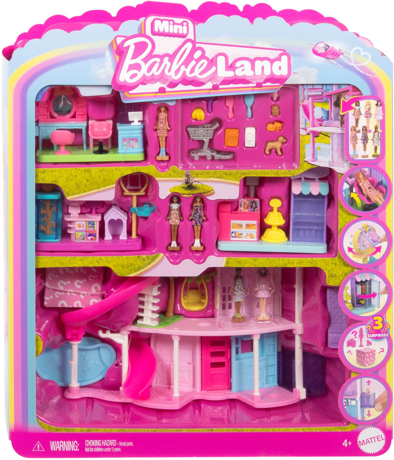 Mini Barbie Land comes with 31 surprises and is designed for children aged 4+. It is a playset that includes a dollhouse and various accessories. The toy is a choking hazard, so it should not be given to children under 1 year of age.
