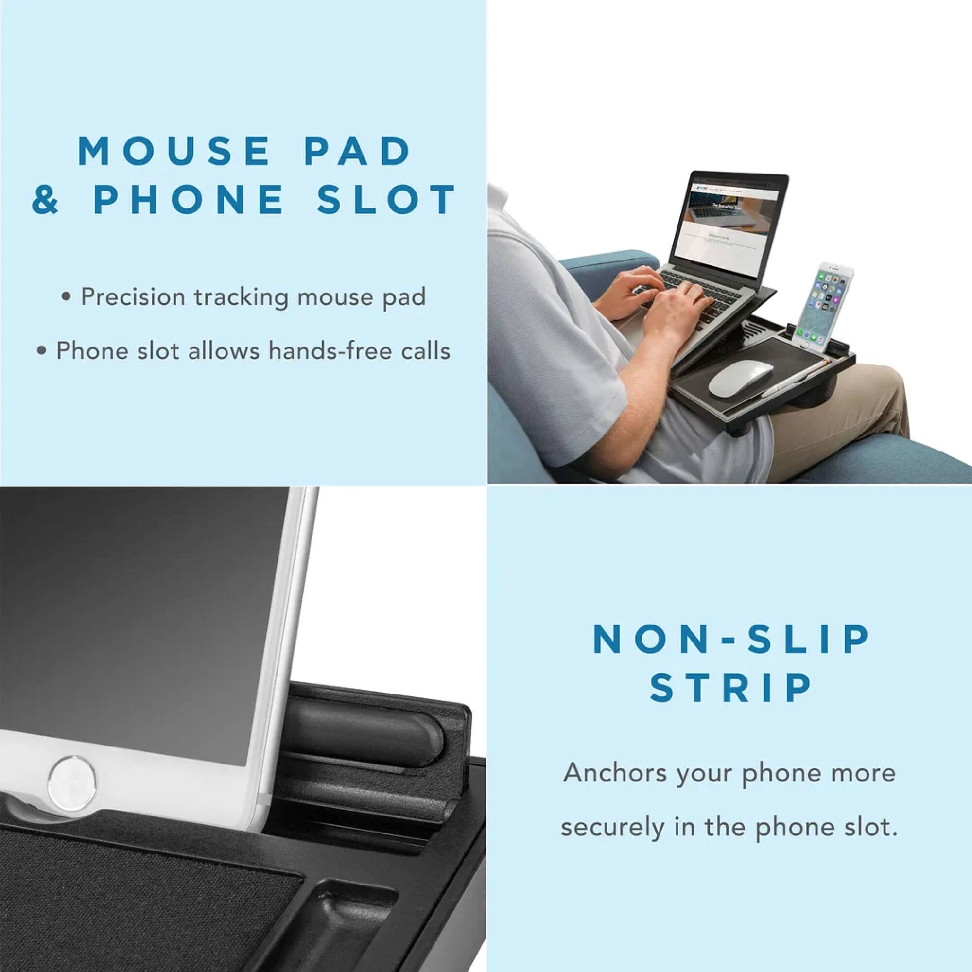 The image features a mouse pad and phone slot, which allows hands-free calls. Additionally, there is a non-slip strip that anchors your phone more securely in the phone slot.