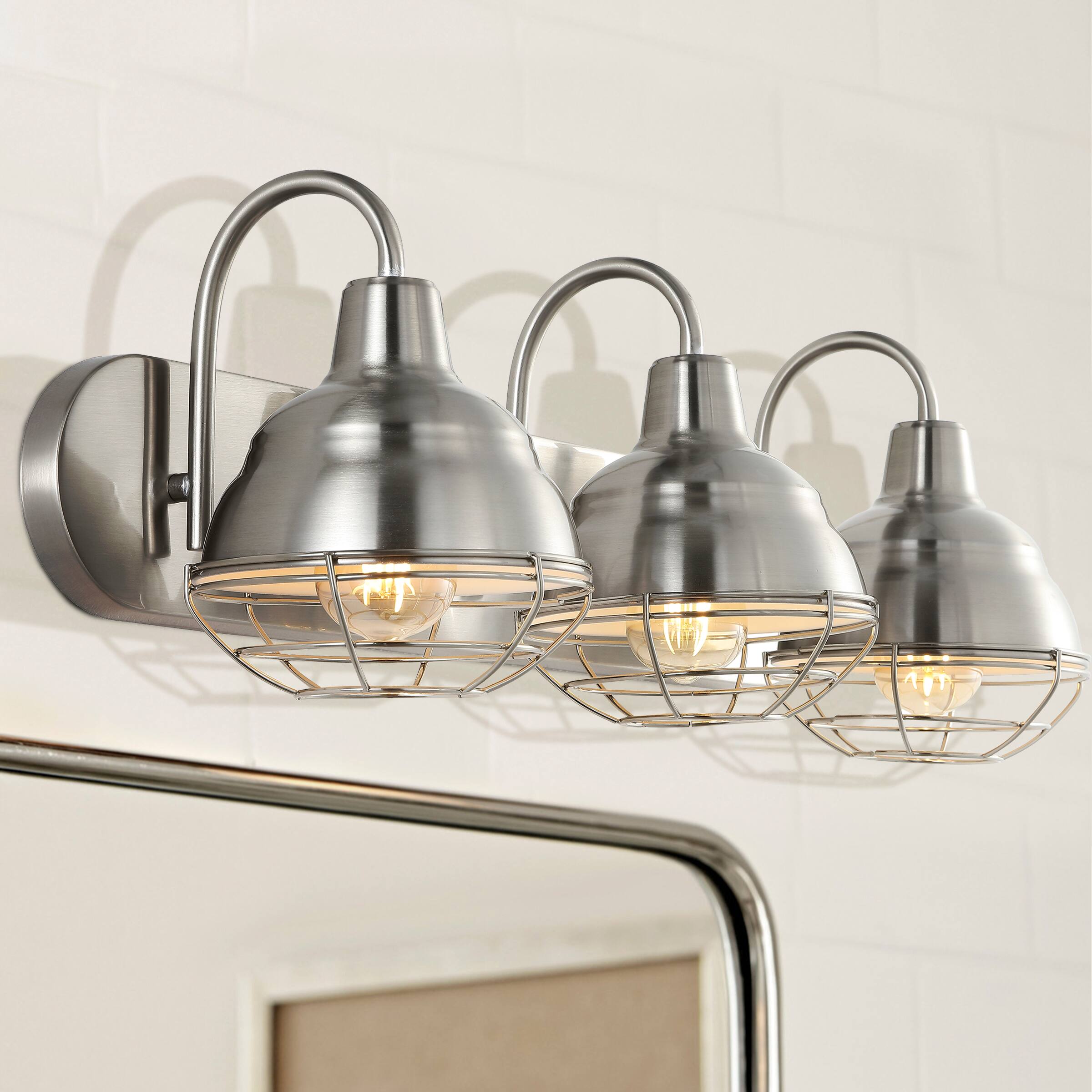 Alt View 1. Jonathan Y - Levi 24.5" 3-Light Industrial Farmhouse Iron LED Vanity, Nickel - Nickel.