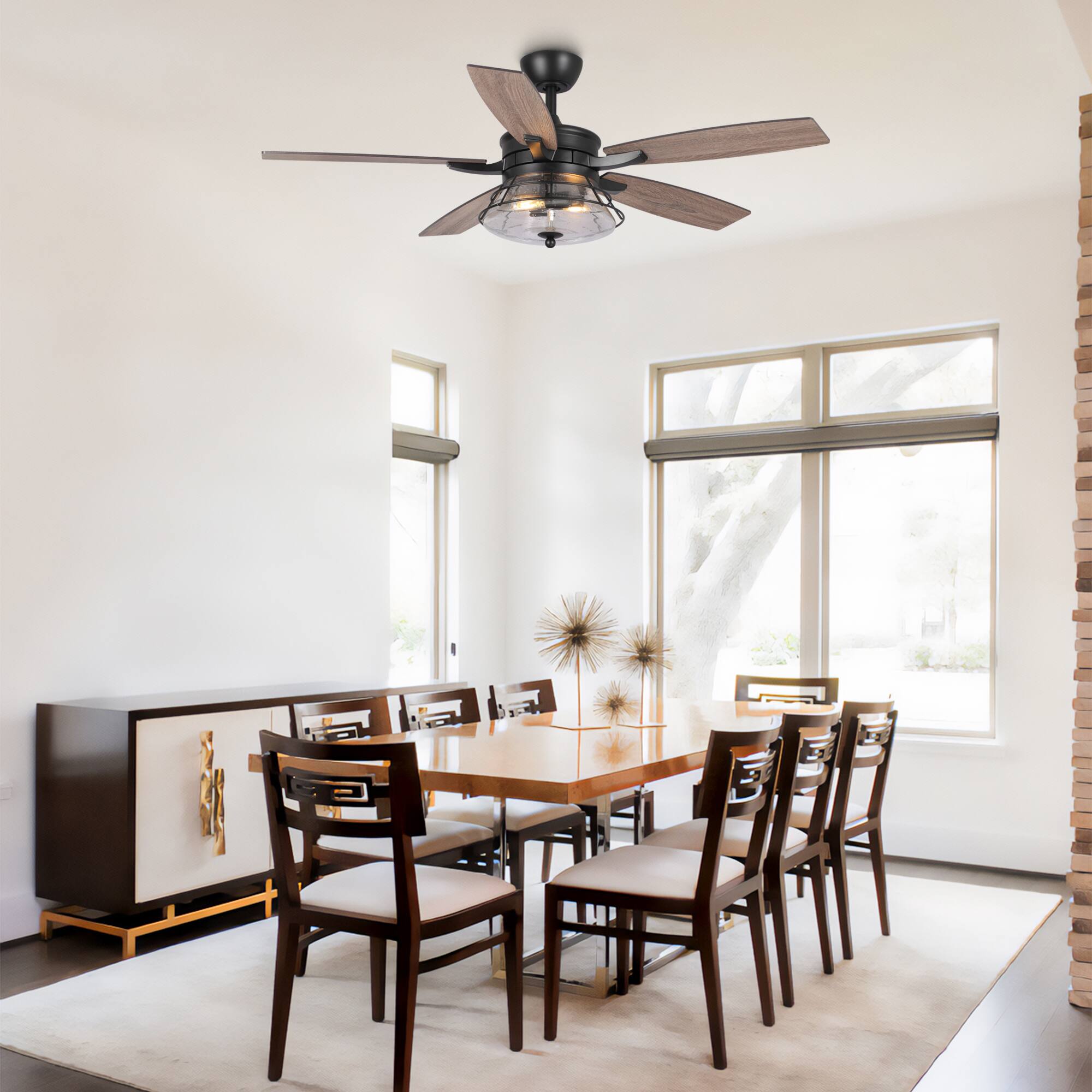 Back. Parrot Uncle - 52" Seeded Glass Black Industrial Indoor Ceiling Fan with Remote and Light Kit - Black.